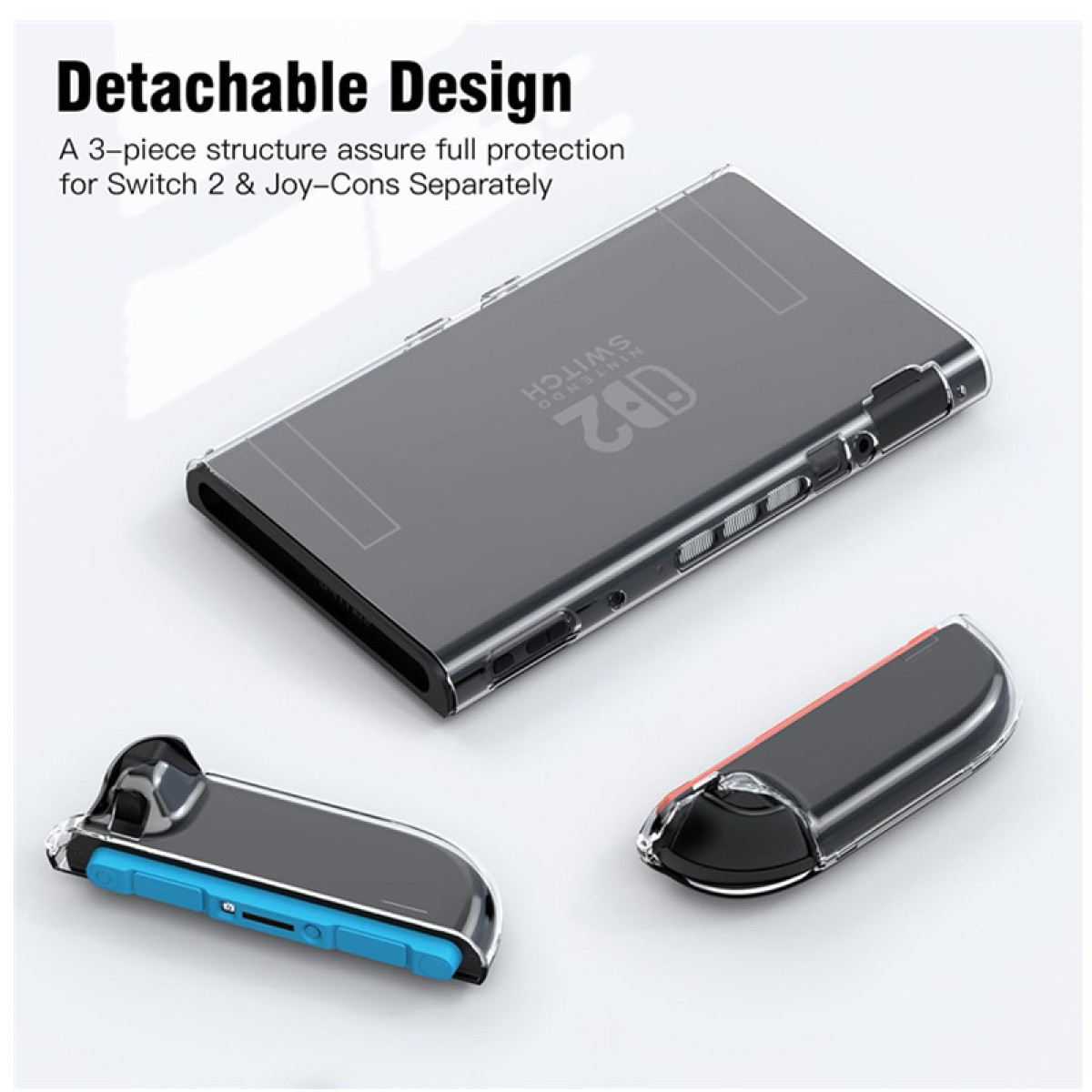 Design staccabile di uno Switch. Custodia trasparente e due controller sono visibili.