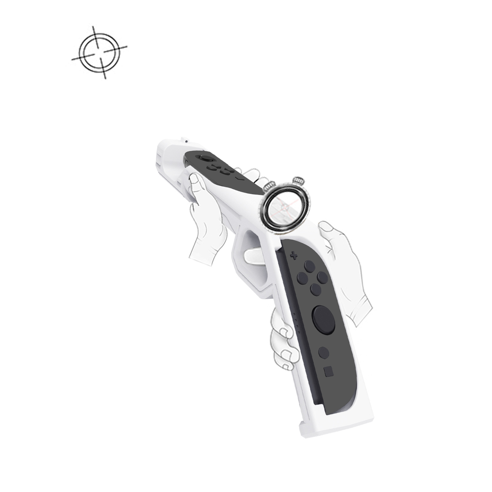 A person holding a white gun-shaped gaming controller accessory with a target symbol.