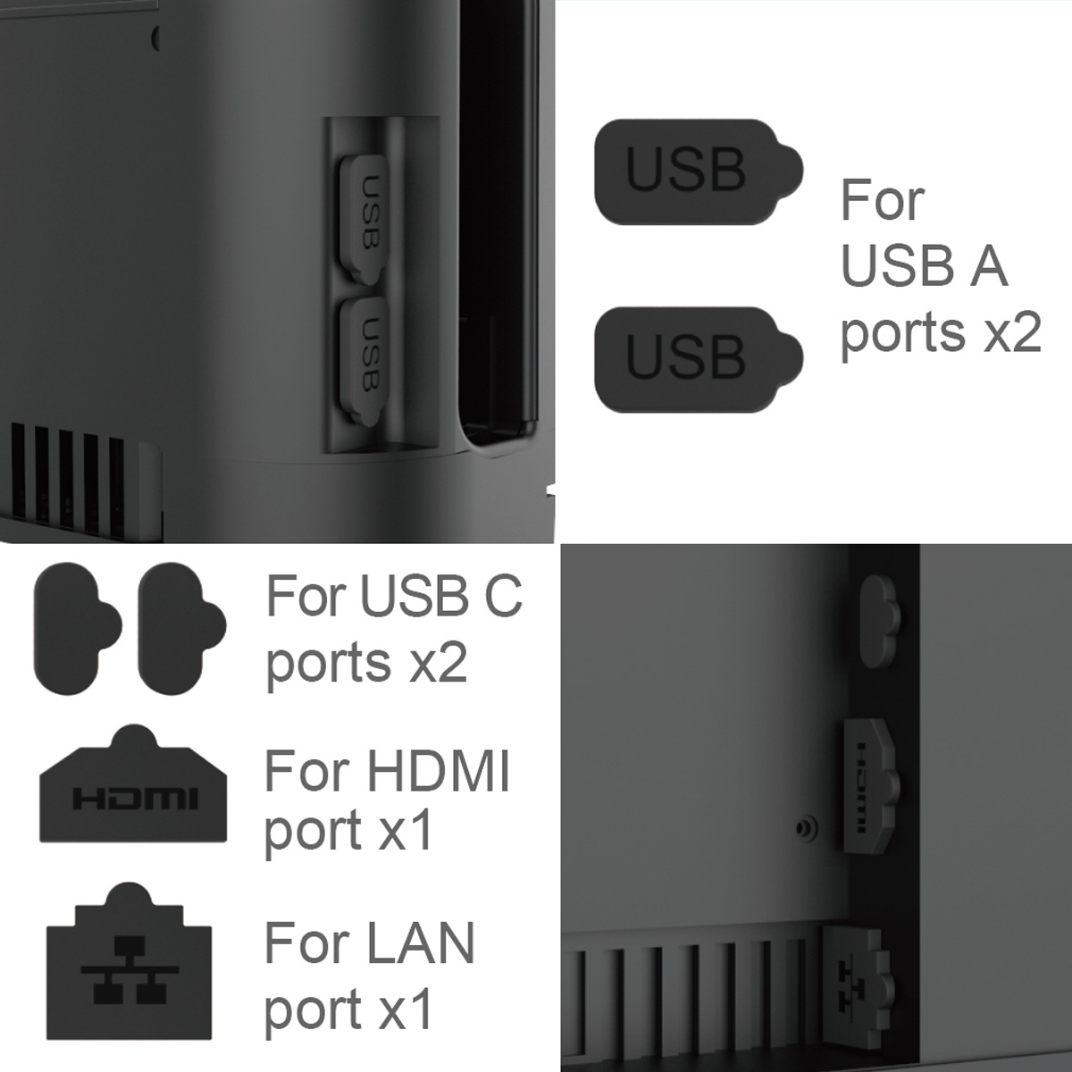 Close-up of Switch ports and labels: USB, HDMI, and LAN. Black background.