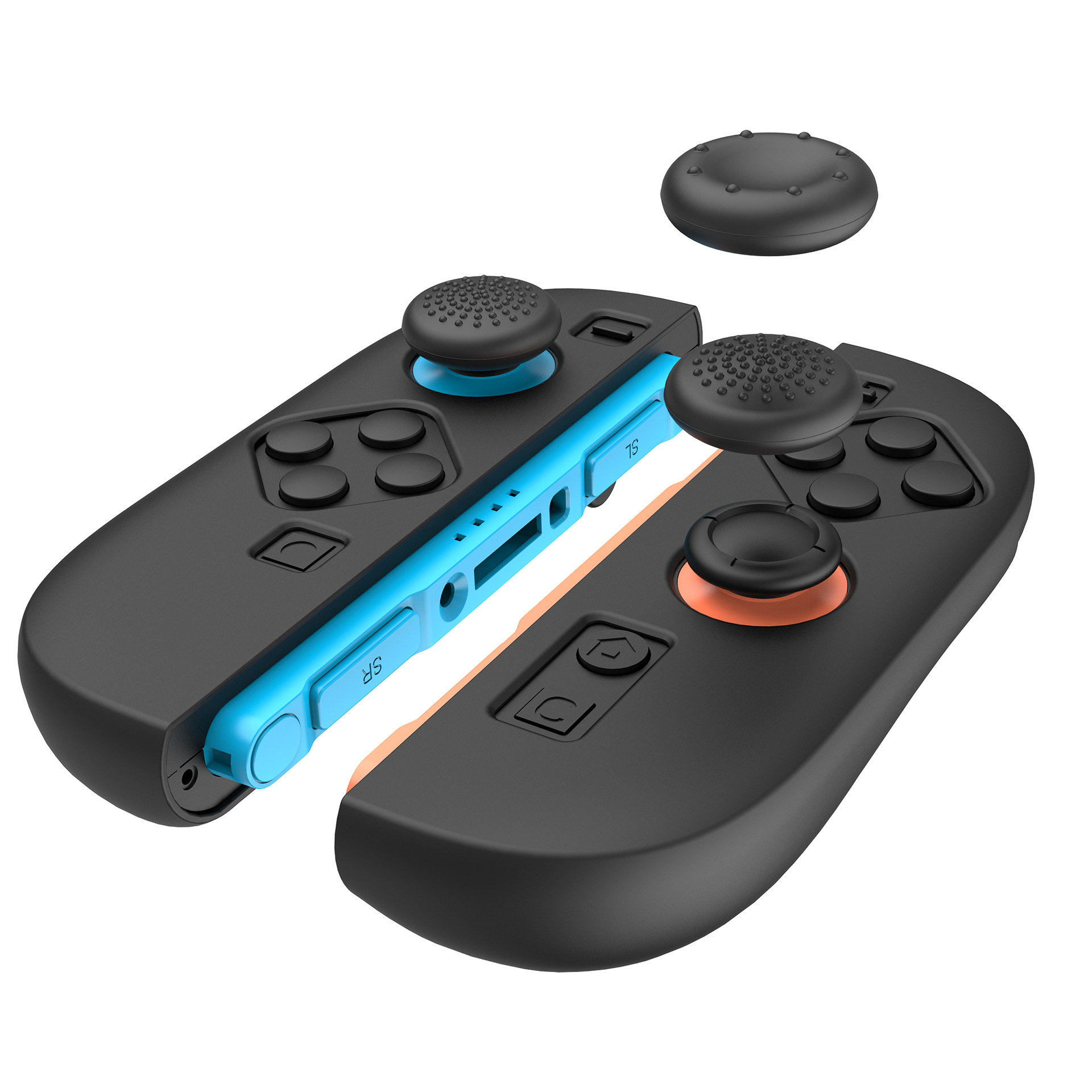 Two black Switch controllers. One is separated, showing its blue interior. Black joystick covers are above.
