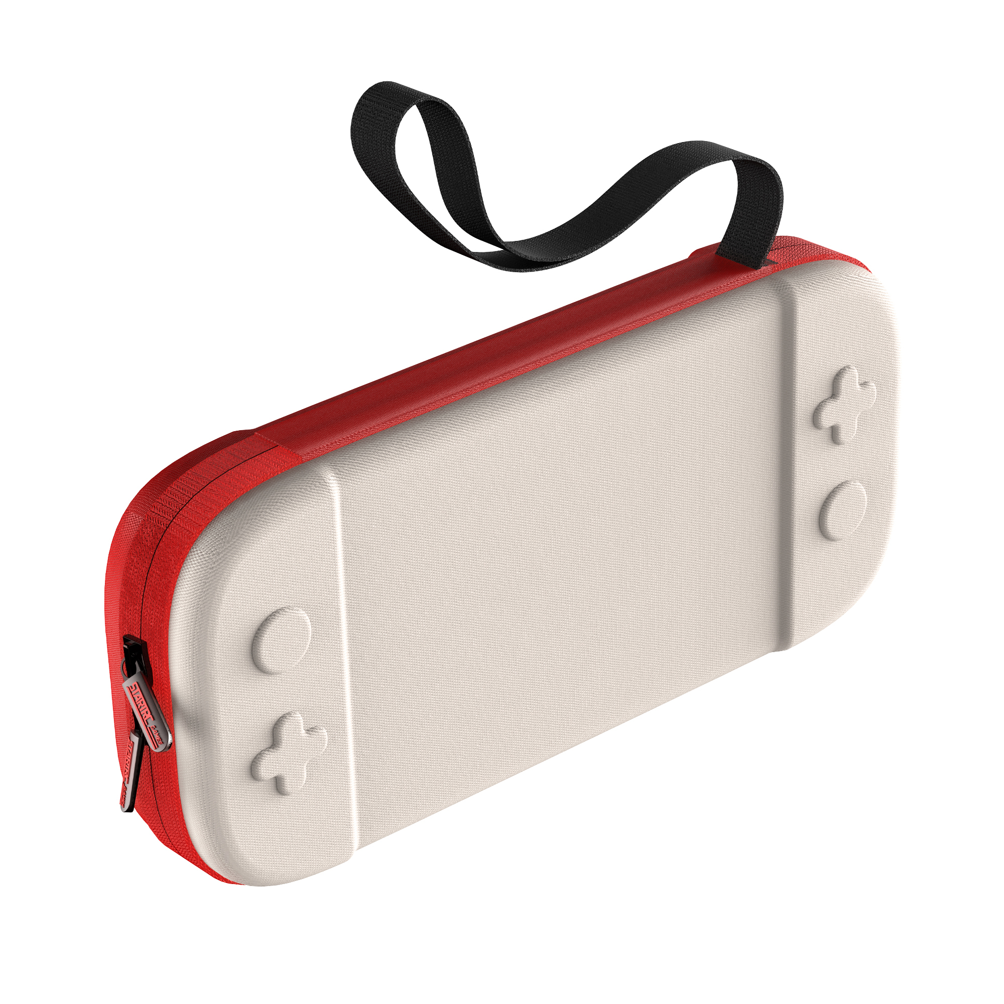 A red and white Switch console case with a black strap. It is closed with a zipper and has button details.