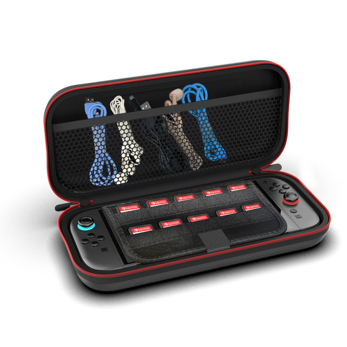 Black and red Switch case. Open, showing a Switch, game card slots, and cords in the mesh pocket.
