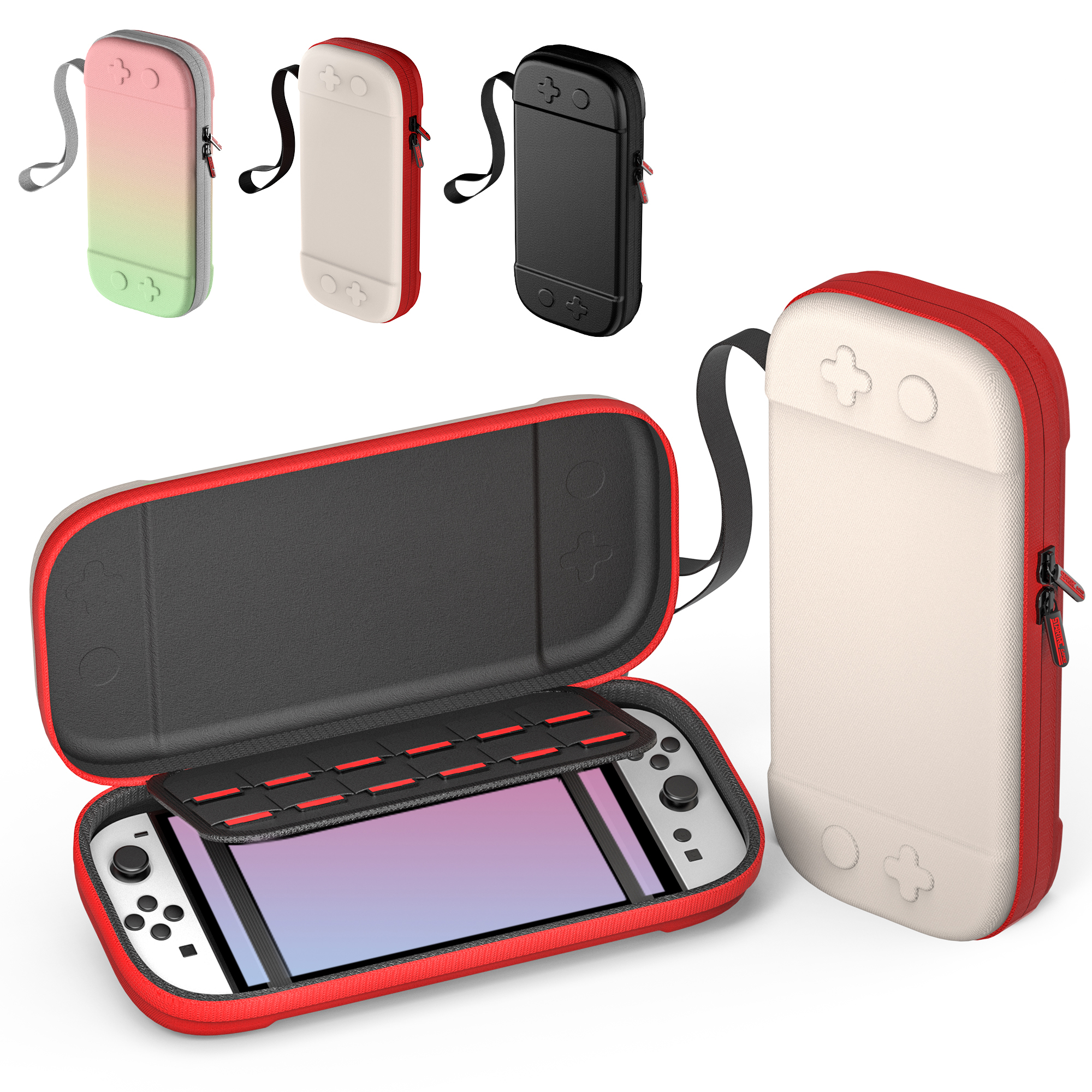 Game console case, red interior, with console. Three cases shown, one open, one closed. Multiple colors.
