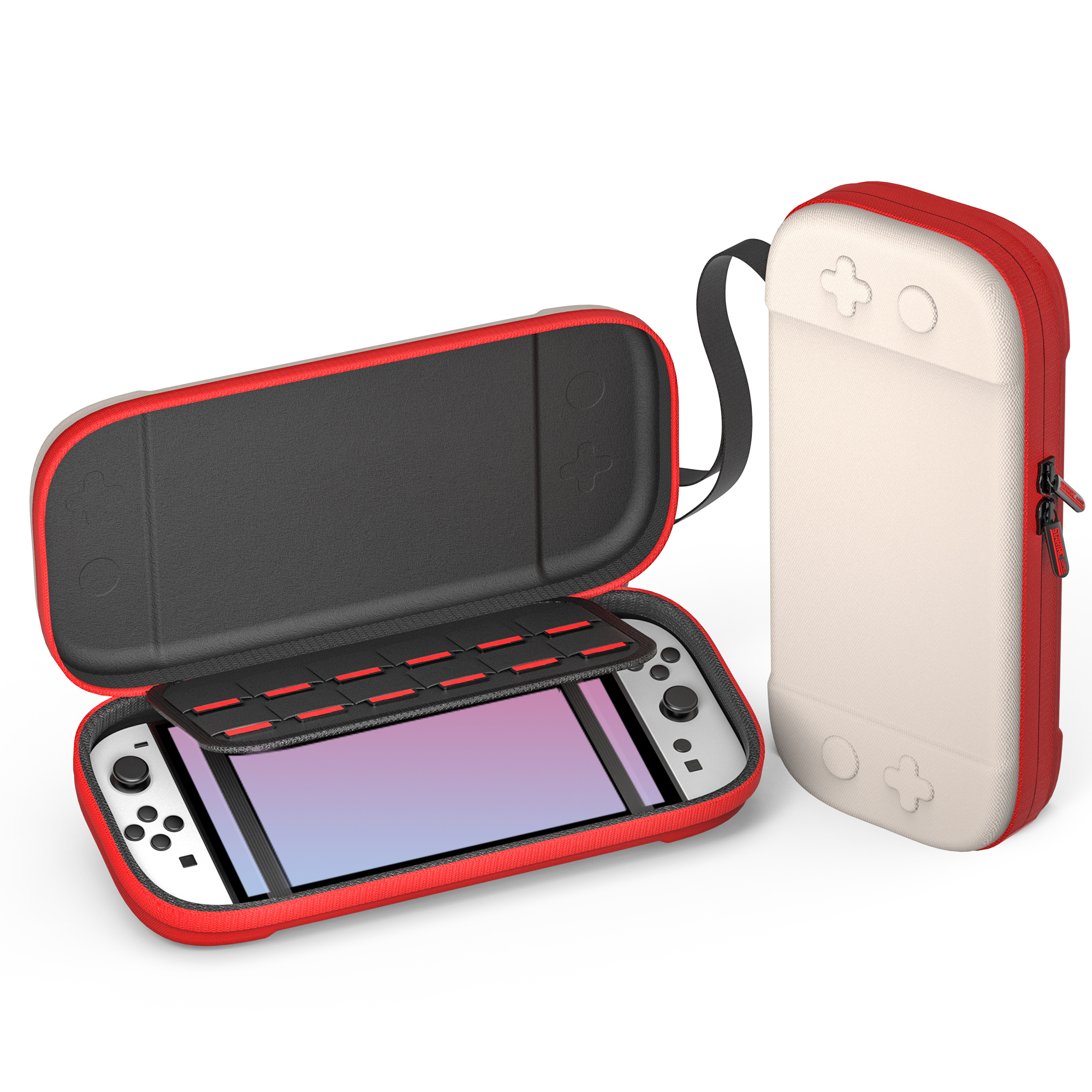 Red and white Switch case, open to show a Switch console. A separate case is next to it.