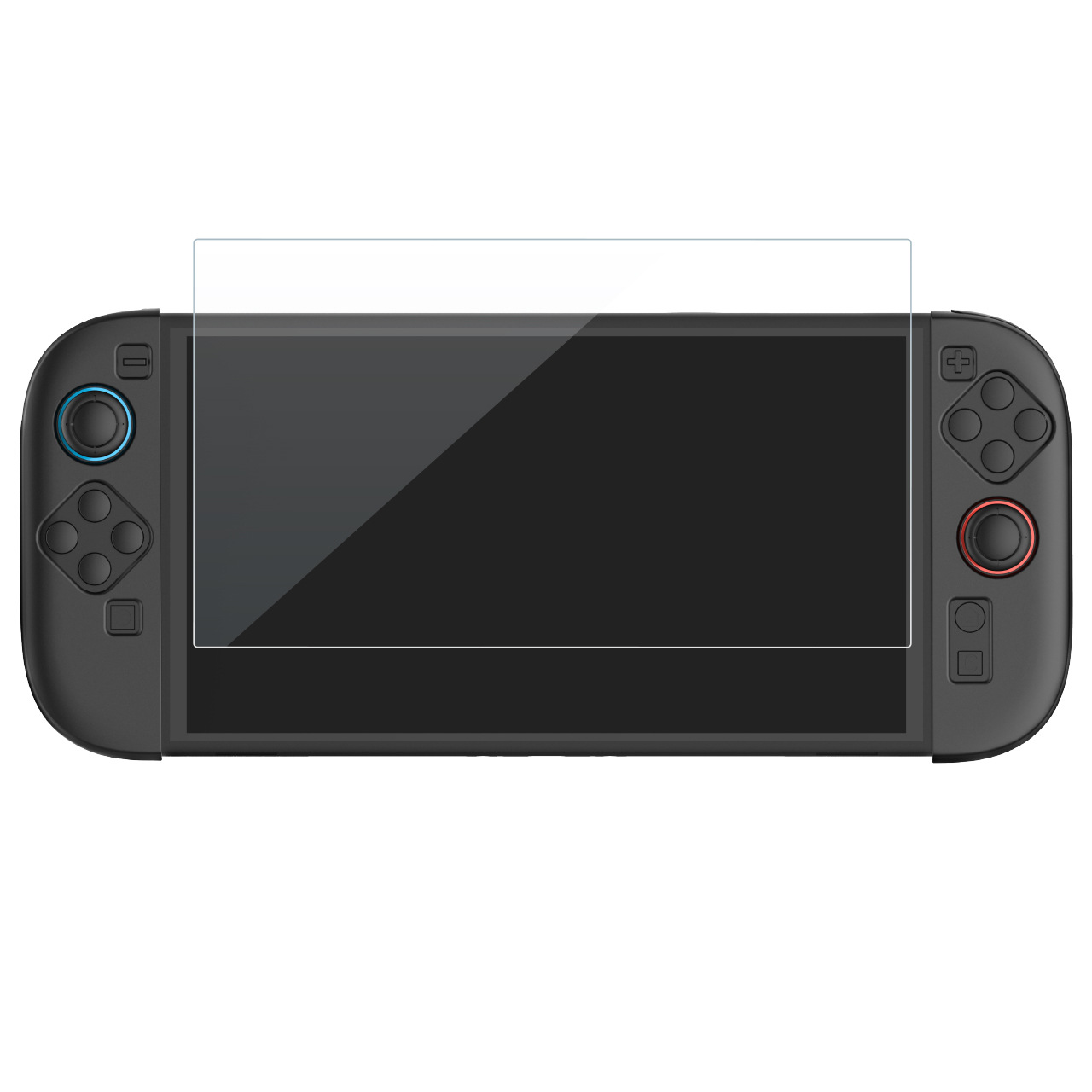 Black handheld game console with screen protector. The console has buttons on each side.