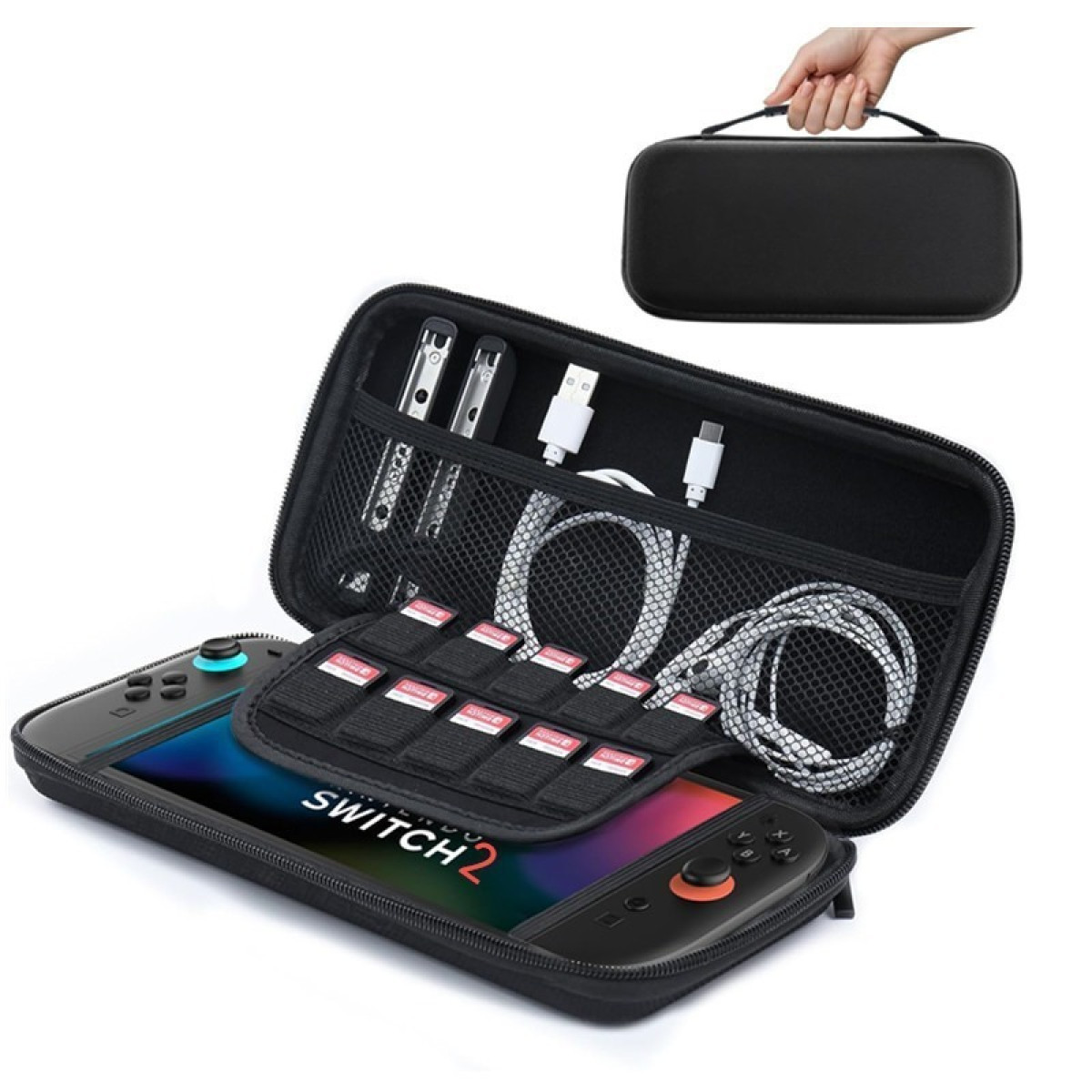 Black Switch case, open to show a Switch, game card slots, and cords. The case is on a white background.