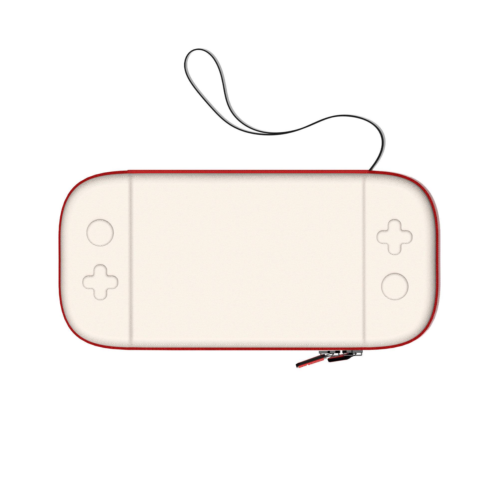 Red-trimmed game console case, white surface, with controller button outlines and a black strap.