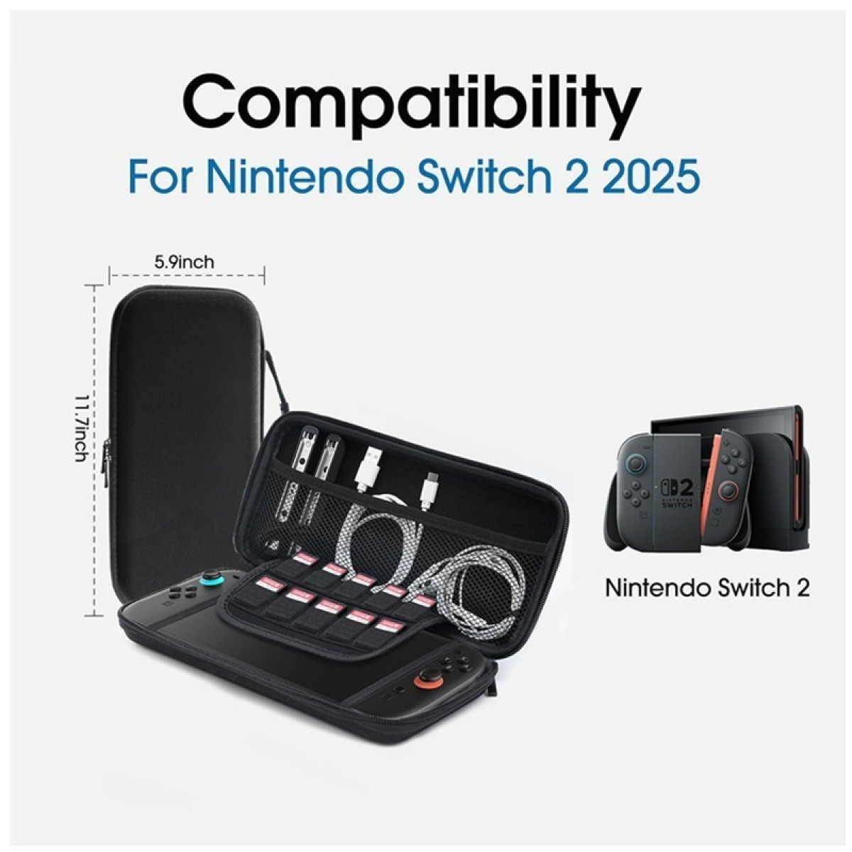 Black case, open with console and accessories. Text reads 'Compatibility For Nintendo Switch 2 2025'.