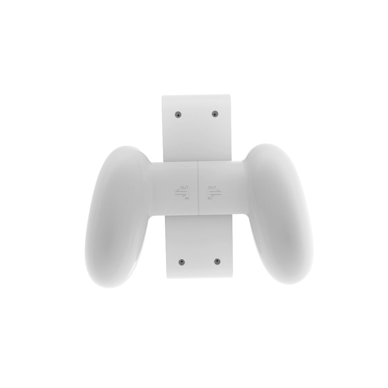 White game controller holder with two grips and a connecting piece with screws. 'Out' and 'In' labels.
