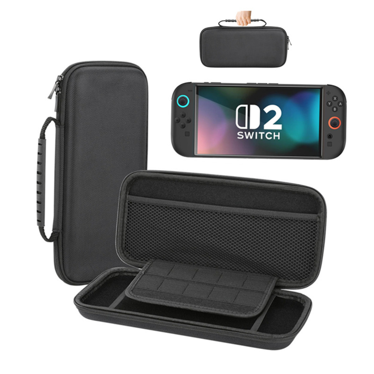 Black console case with handle. Open case shows console and accessories. Also has a mesh pocket.