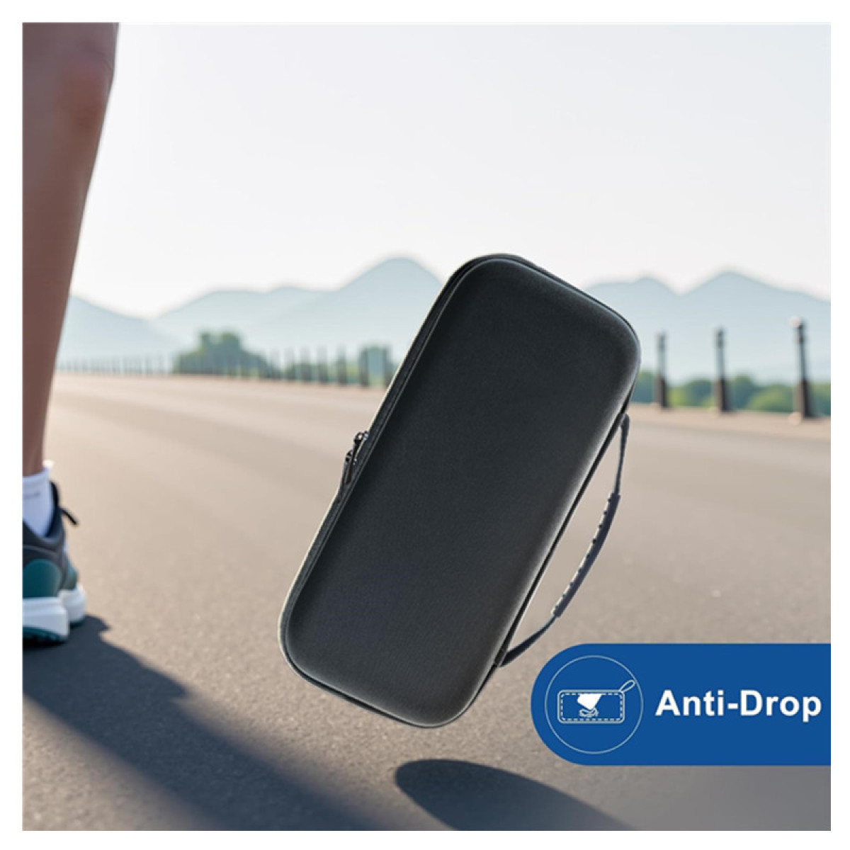 A Switch case is dropping on a road. Text says 'Anti-Drop' and shows a shield icon.