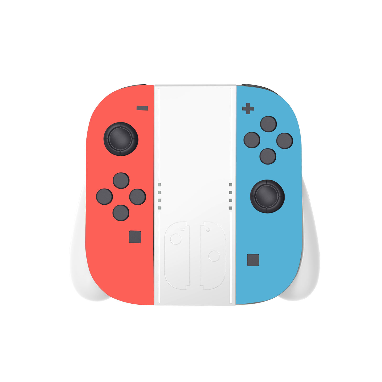 Game controller, red and blue sides, white middle. Buttons on the sides and the top. White background.
