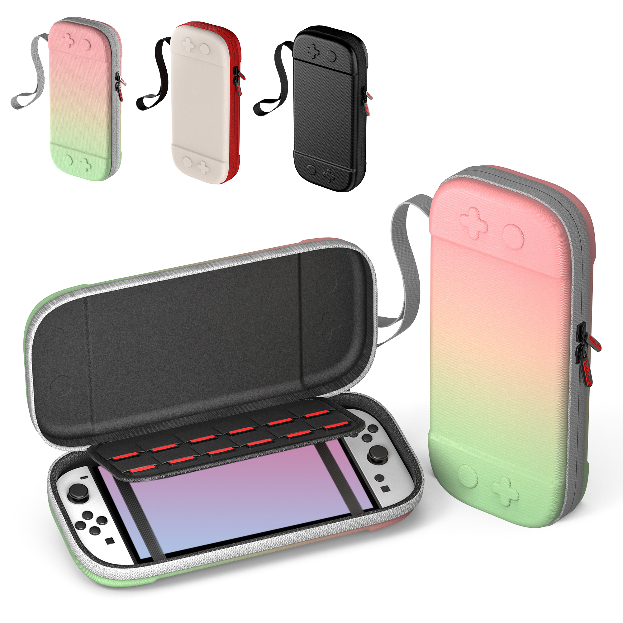 Meerdere Switch-cases, één open met een Switch erin. Inclusief verschillende kleuren, open en dicht. Witte achtergrond.