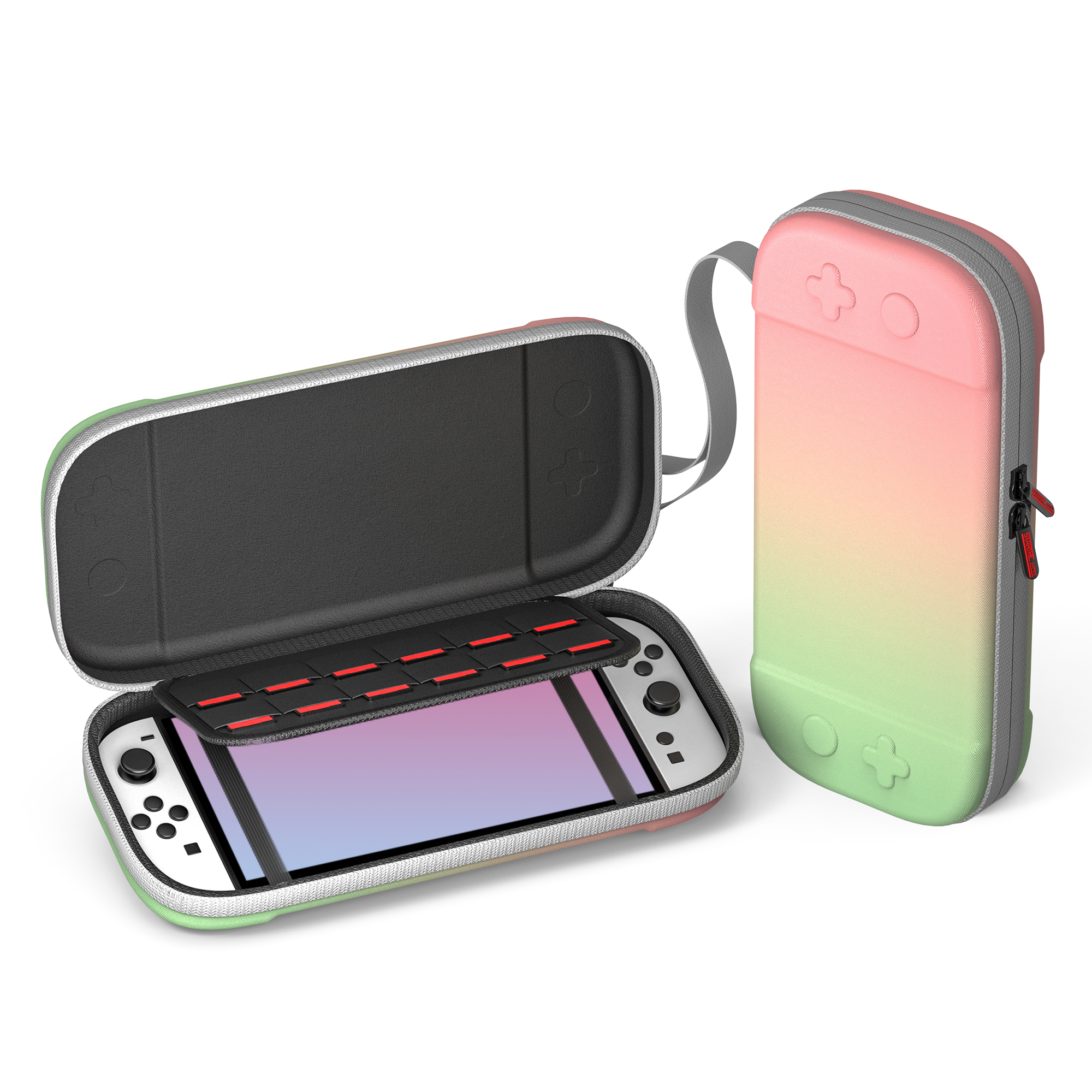 Open gameconsole case met verloopkleur. Console binnenin. Case met rood en groen, wit oppervlak.