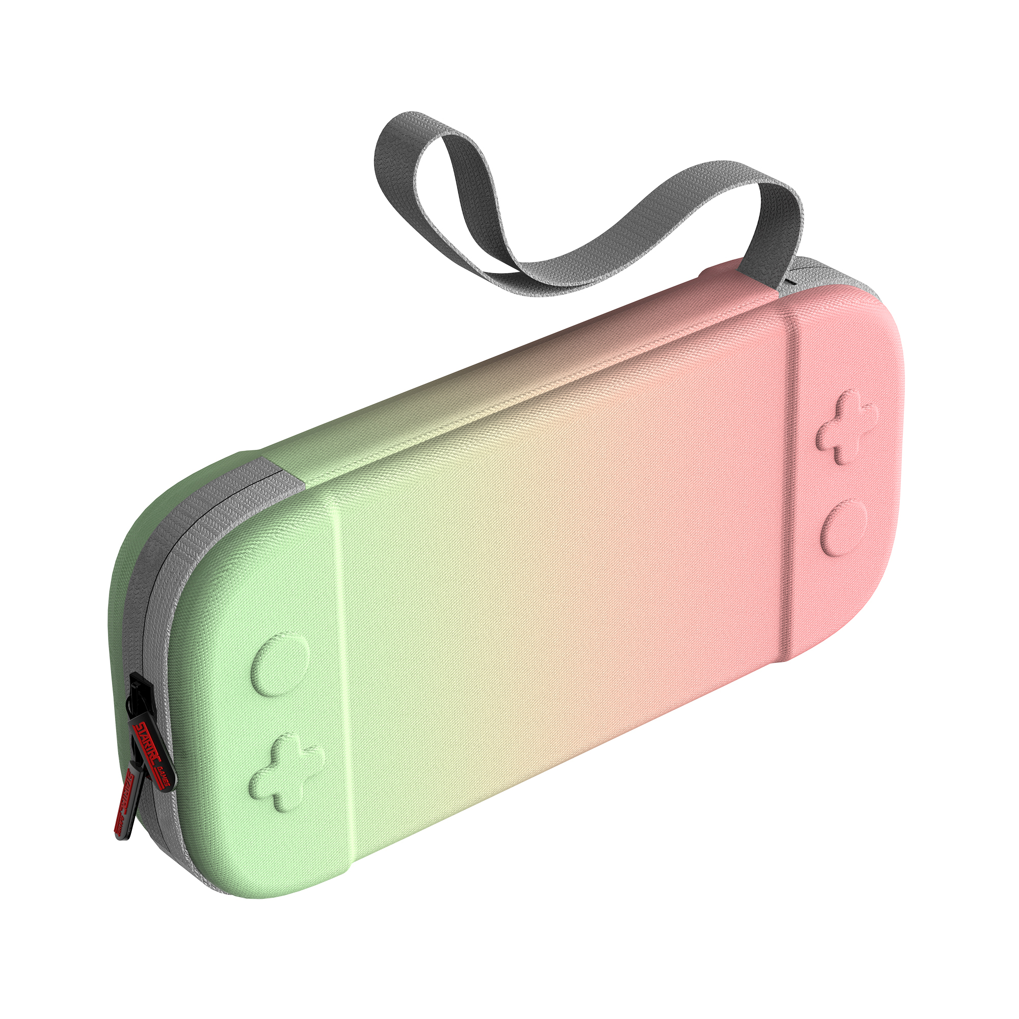 Een Switch-hoes met een verloopontwerp in groen, roze en geel. Voorzien van een grijze rits en knoppen. Witte achtergrond.