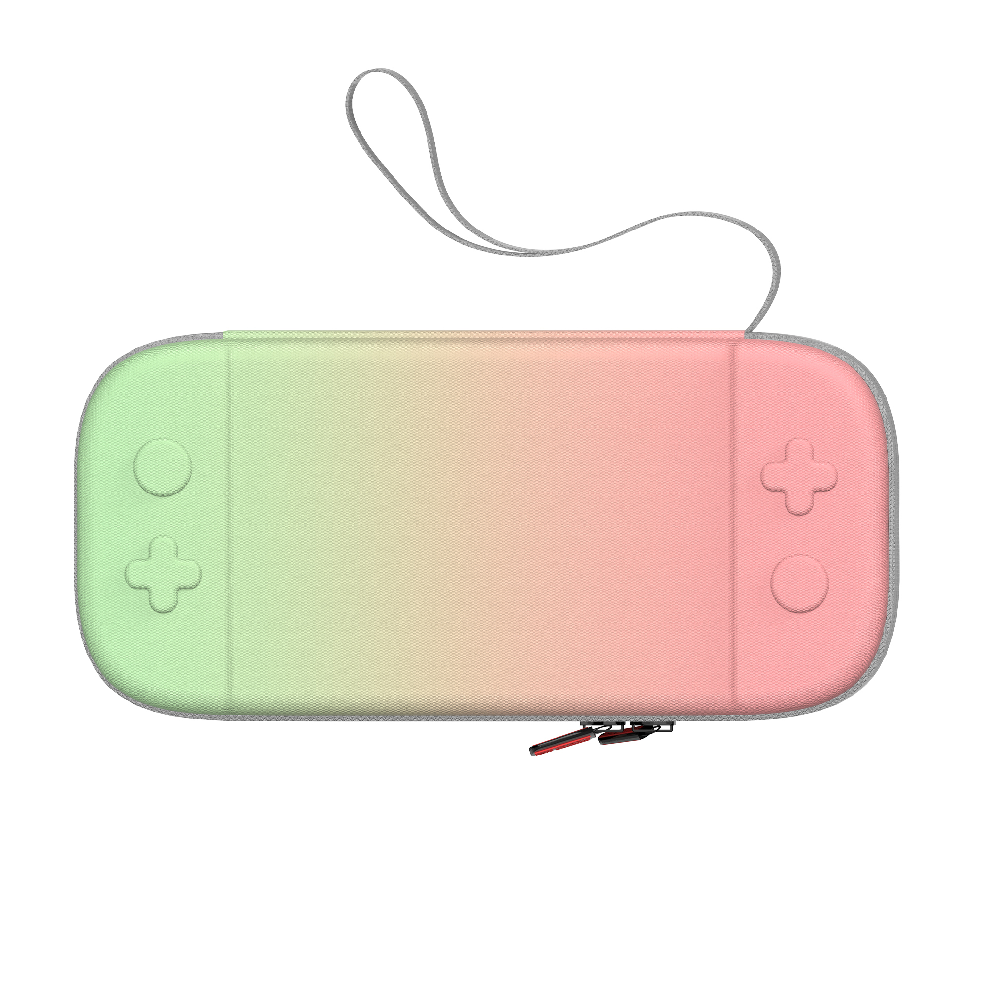 Bovenaanzicht van een Switch-hoes. Het is groen en roze met een verloop, met een grijze rits en handvat. Witte achtergrond.