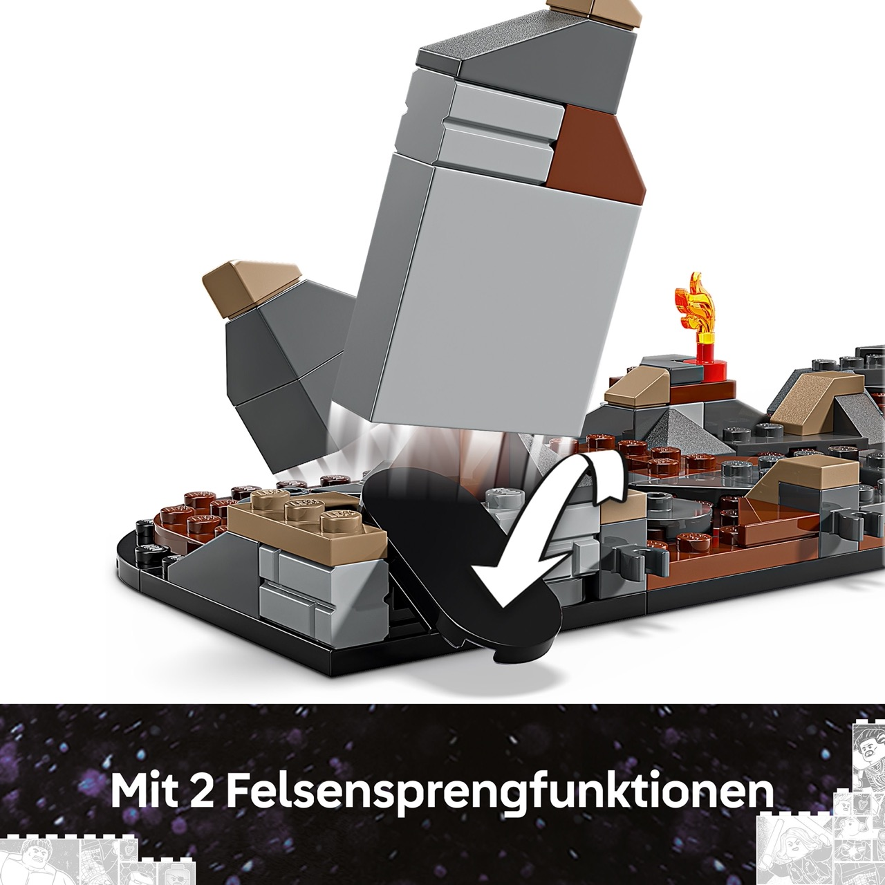 Scena budowy Lego z szarymi skałami rozbijanymi strzałką wskazującą działanie.