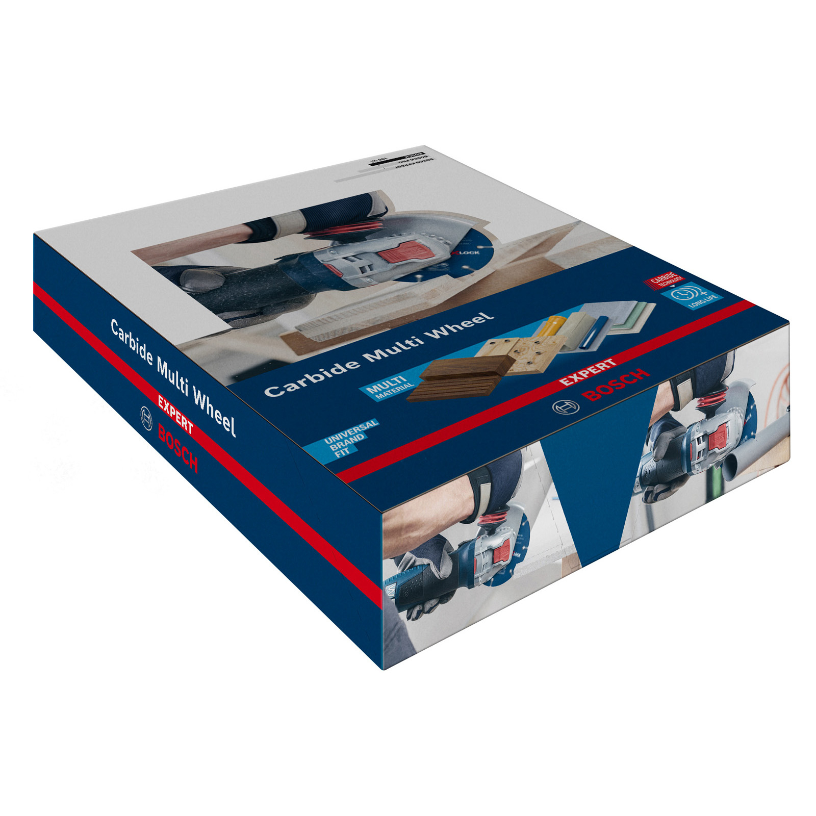 Eine Bosch Carbide Multi Wheel Box mit Bildern von Werkzeugen und dem Bosch Logo.