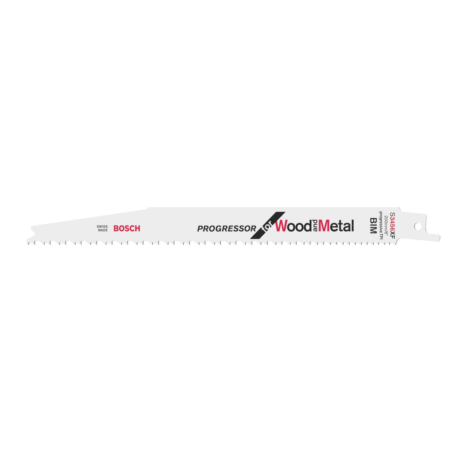 Lama per sega grigia con logo Bosch. Progessor Wood Metal marcato. Sfondo bianco.