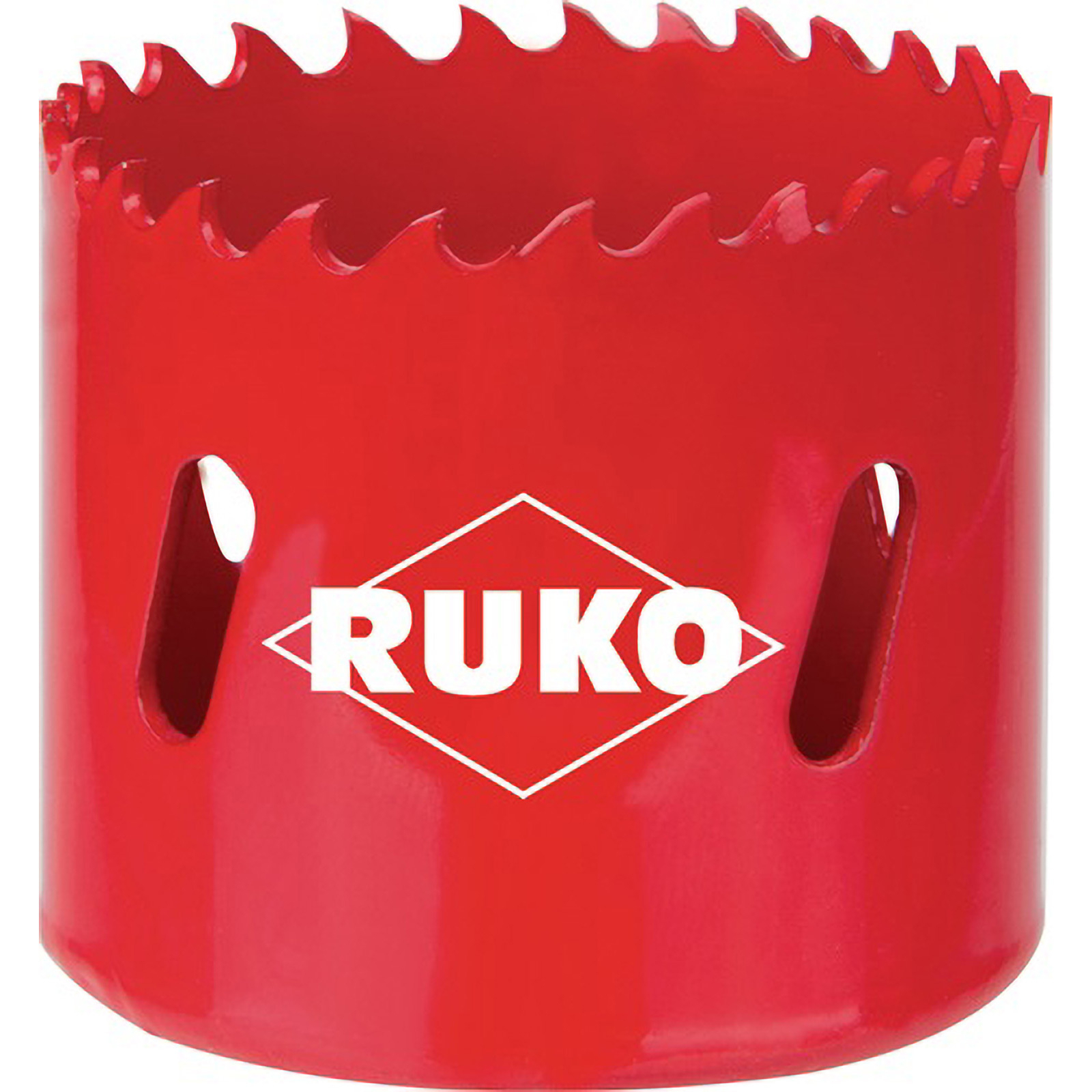 Roter Lochsäge mit 'RUKO'-Logo, rautenförmig und drei Löchern.