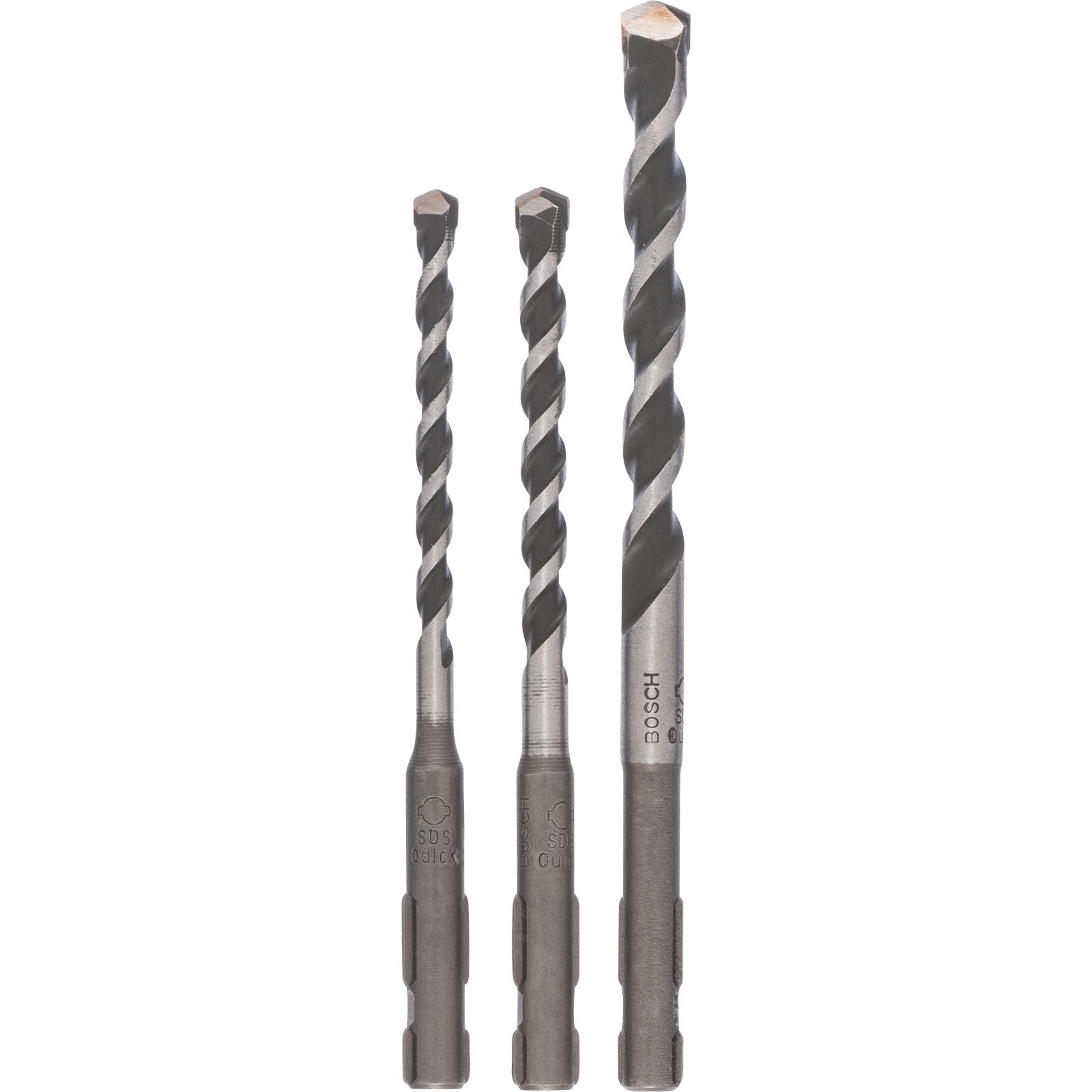 Drei Bohrer in verschiedenen Größen. Silber- und Schwarzfarbe.