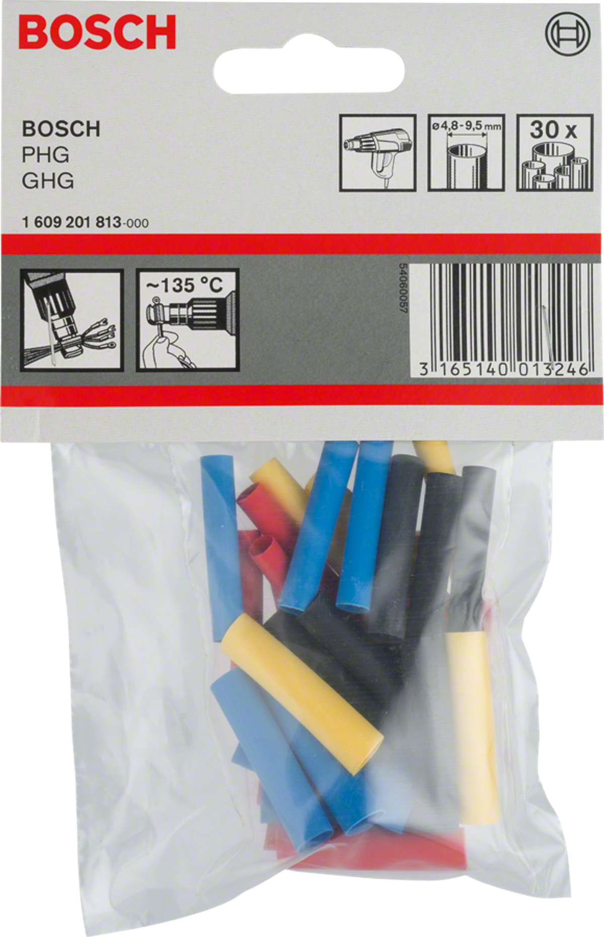 Bosch PHG GHG Schrumpfschlauch in einer transparenten Plastiktüte. Die Schläuche sind farbenfroh.