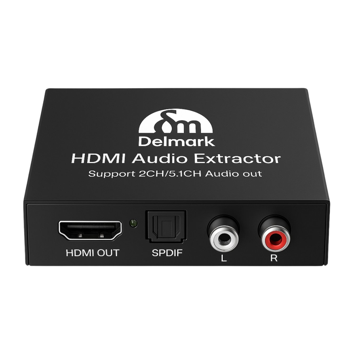 Zwarte HDMI Audio Extractor, met HDMI, SPDIF en audio-uitgangen, merk Delmark.