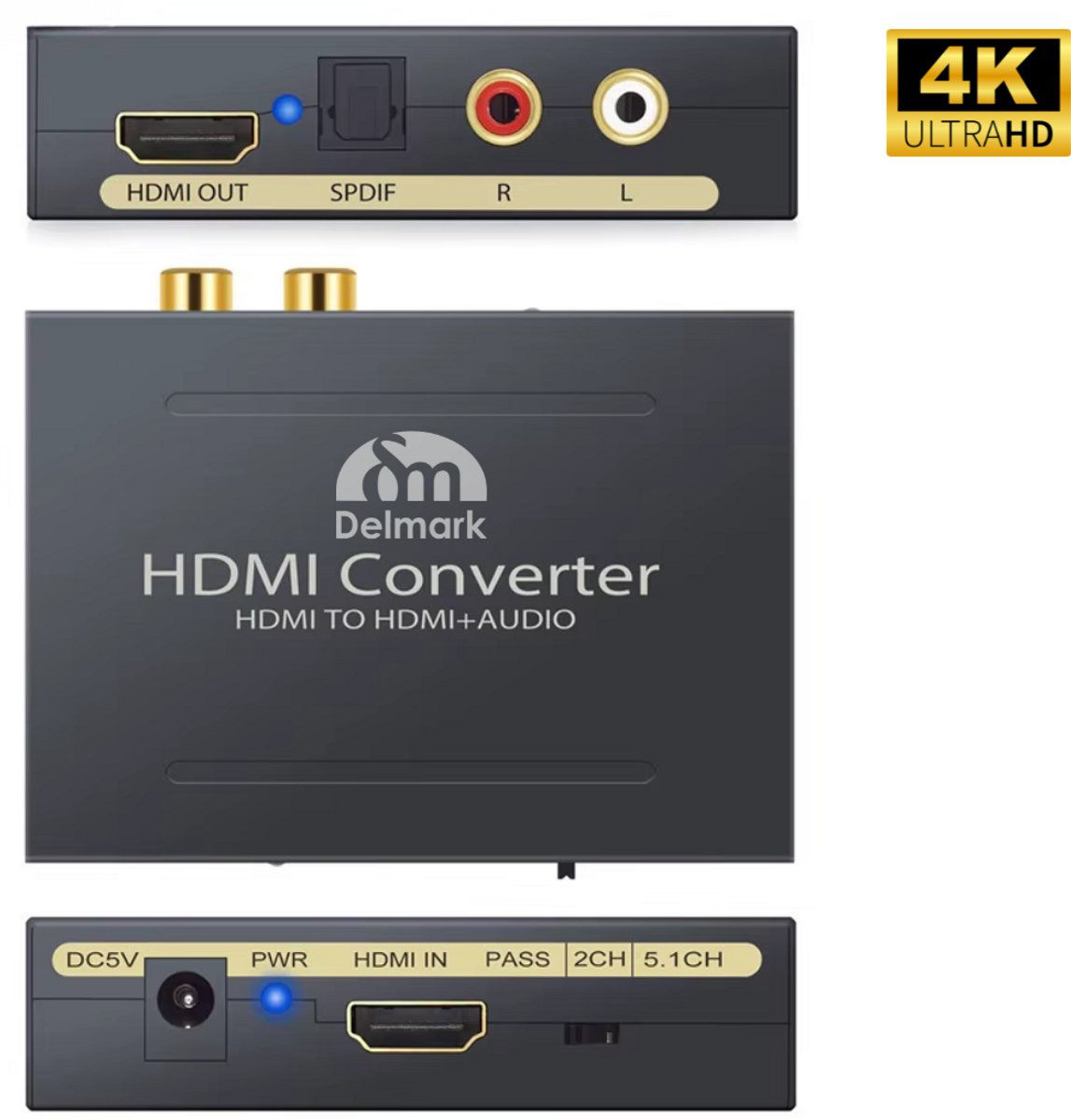 Zwarte HDMI-converter met poorten. 4K Ultra HD logo. Grijze achtergrond.