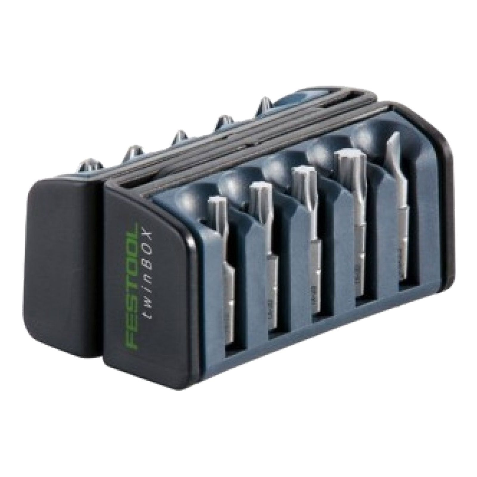Festool Twinbox Werkzeugsatz. Schwarzes und blaues Gehäuse mit Werkzeugen. Weißer Hintergrund.