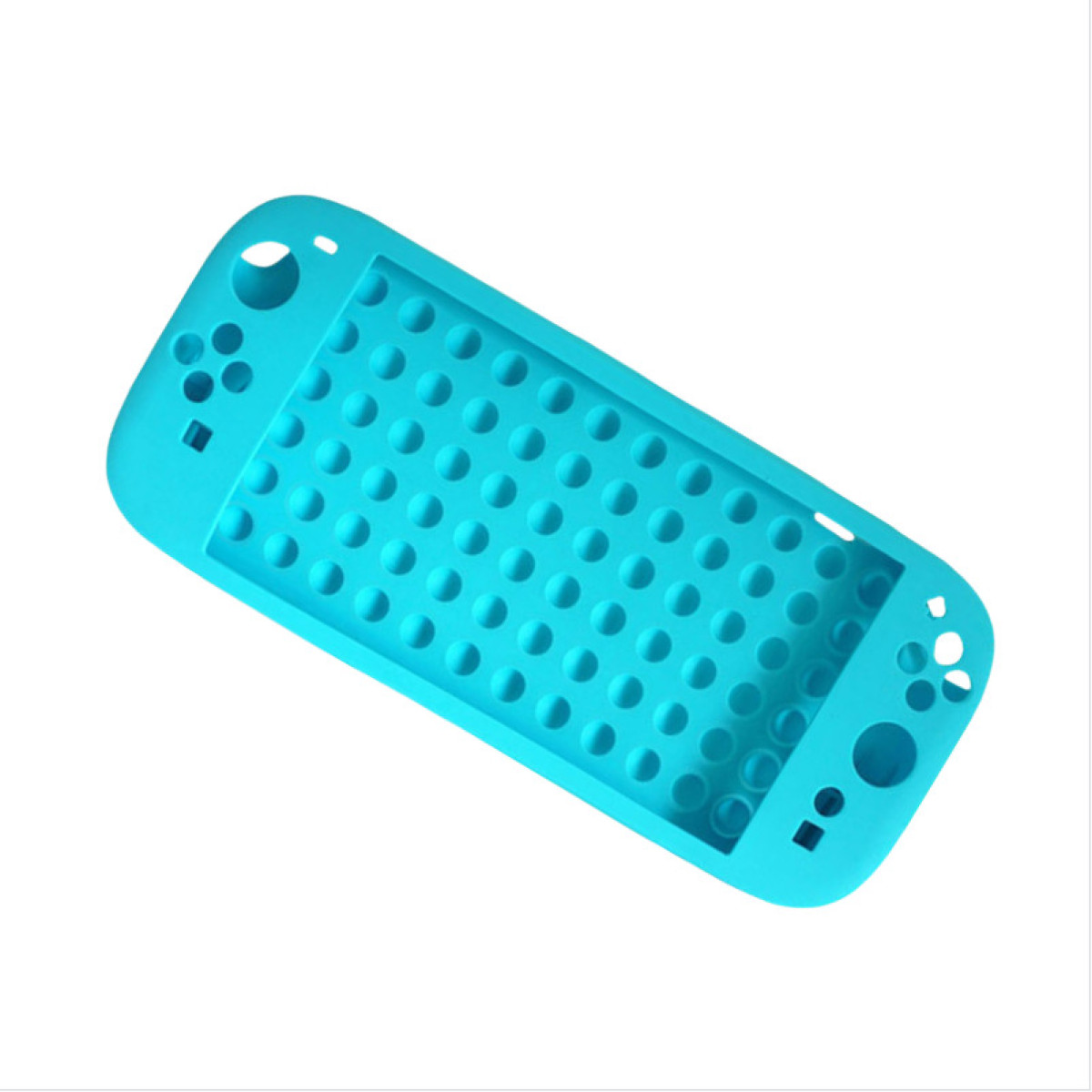 Een lichtblauwe siliconen hoes met een getextureerd patroon van kleine cirkels, ontworpen voor een handheld apparaat, op wit.