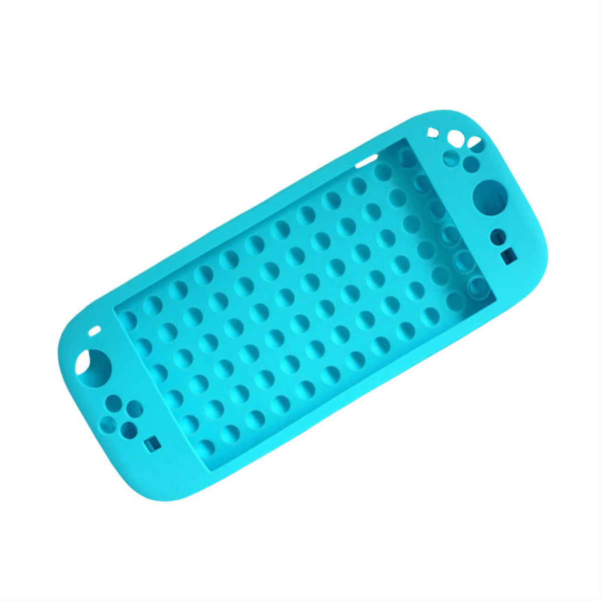 Een felblauwe game-apparaathoes met gaten op een witte achtergrond.