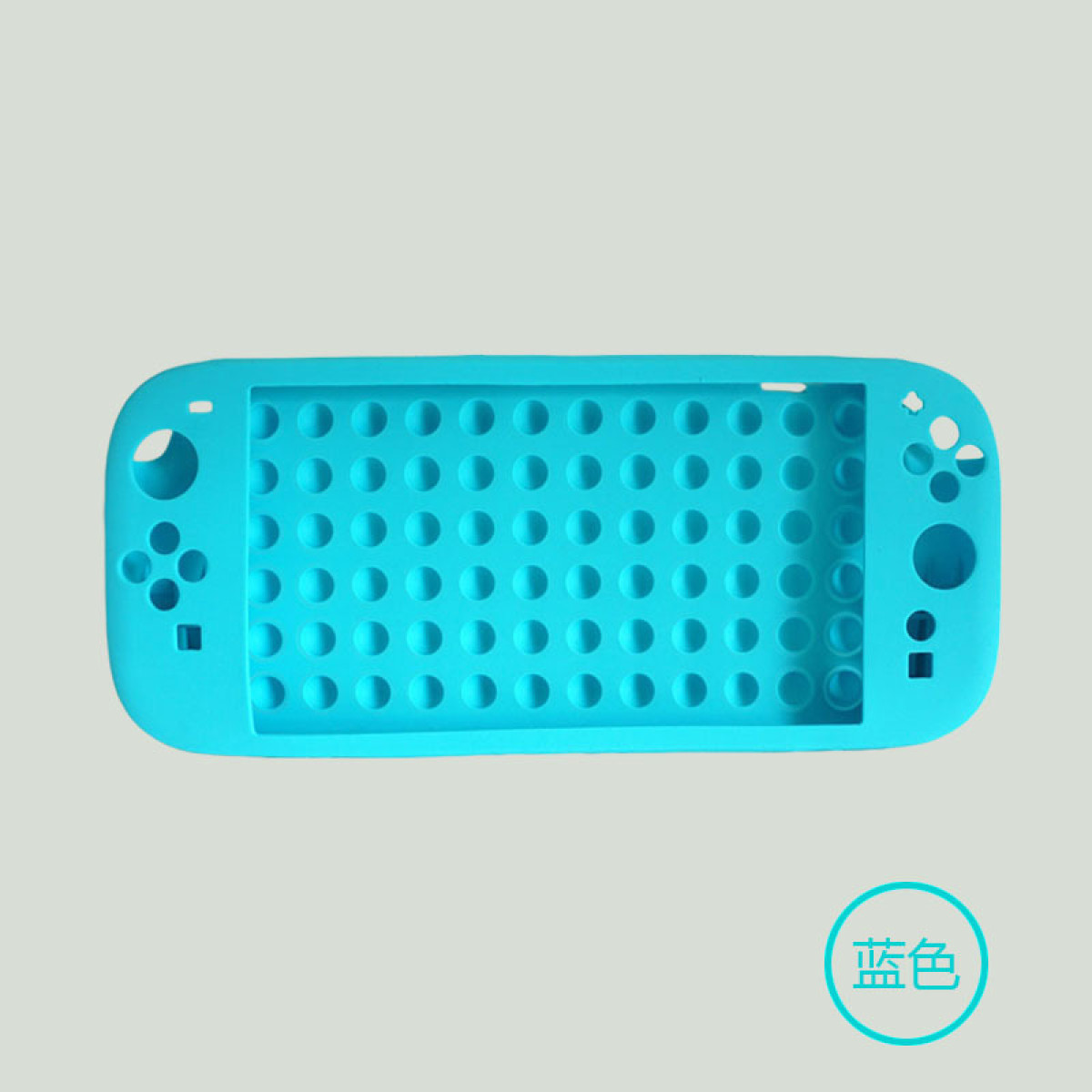 Een felblauwe game-apparaathoes met gaten en een label met 'blauw'.