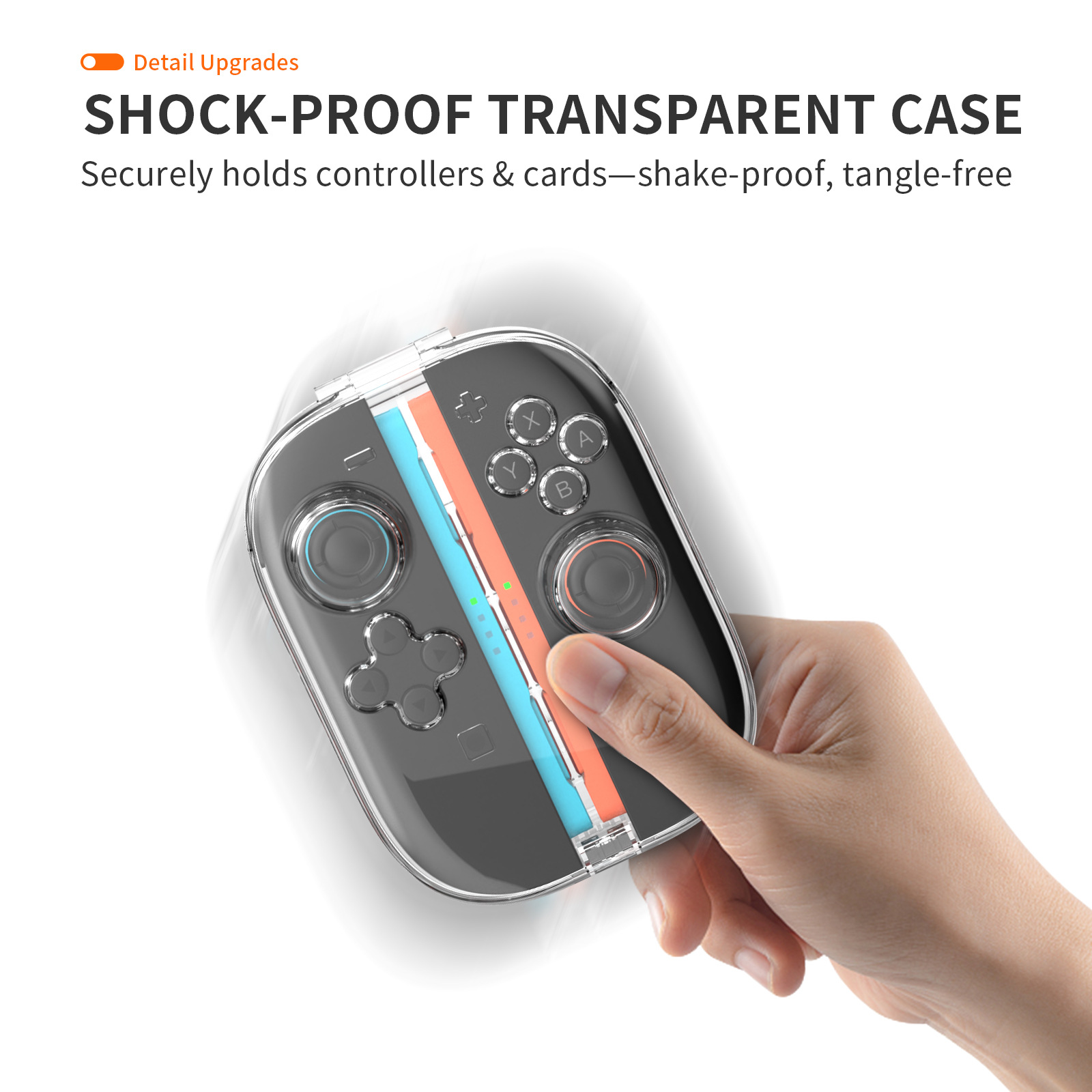 A hand holding a black and gray game controller in a clear case, with buttons visible.