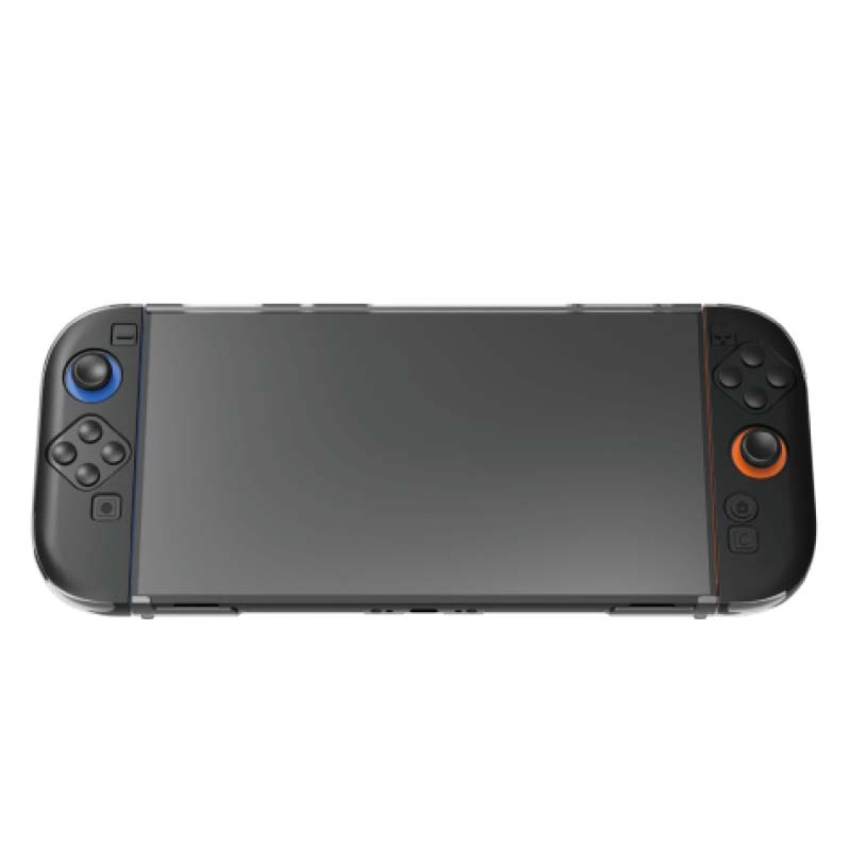 Een zwarte handheld gameconsole met een scherm, knoppen en joysticks aan beide kanten.