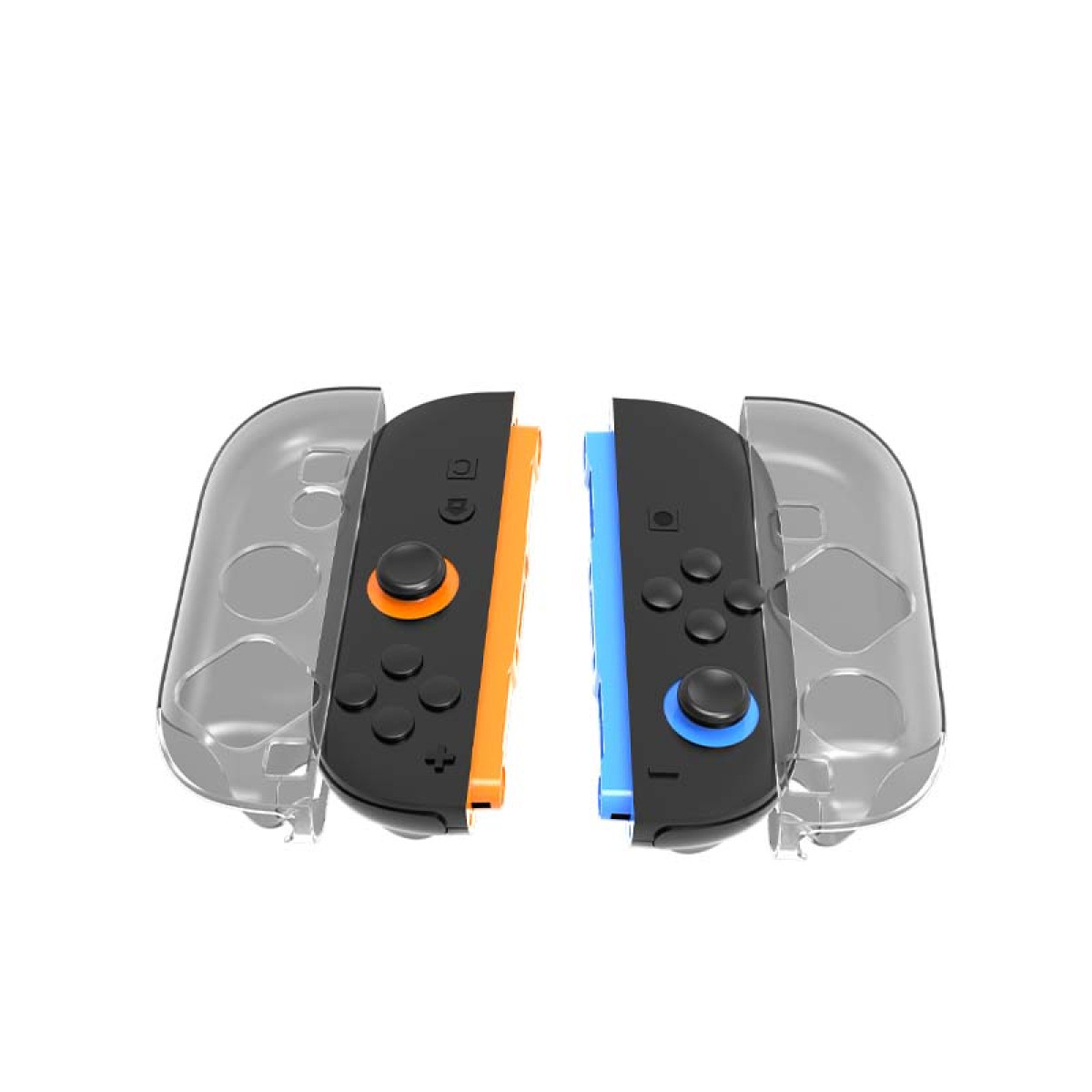Twee zwarte gamecontrollers, elk met een gekleurde joystick en knoppen, in transparante hoezen.