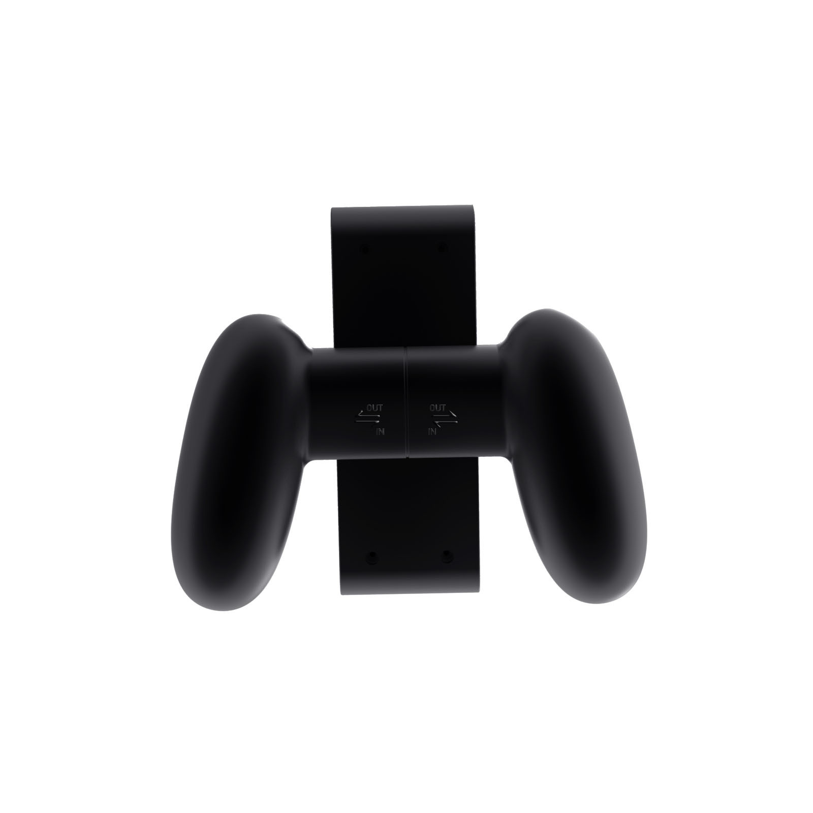 Zwarte gamecontroller, met handvatten en een connector. De controller heeft knoppen aan elke kant.
