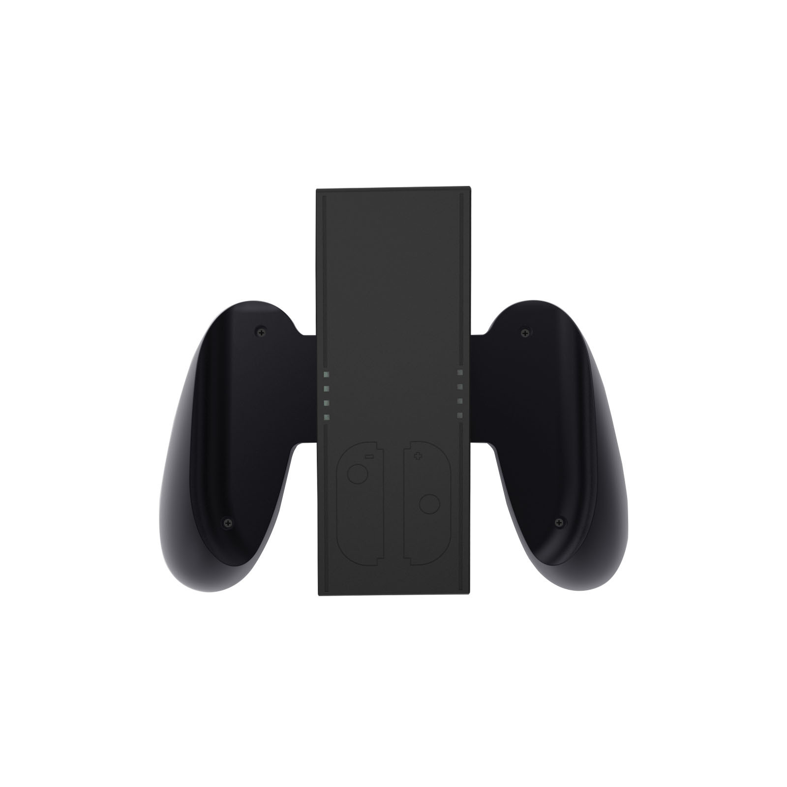 Een gamecontroller dock, zwart, met sleuven voor controllers en een oplaadconnector.