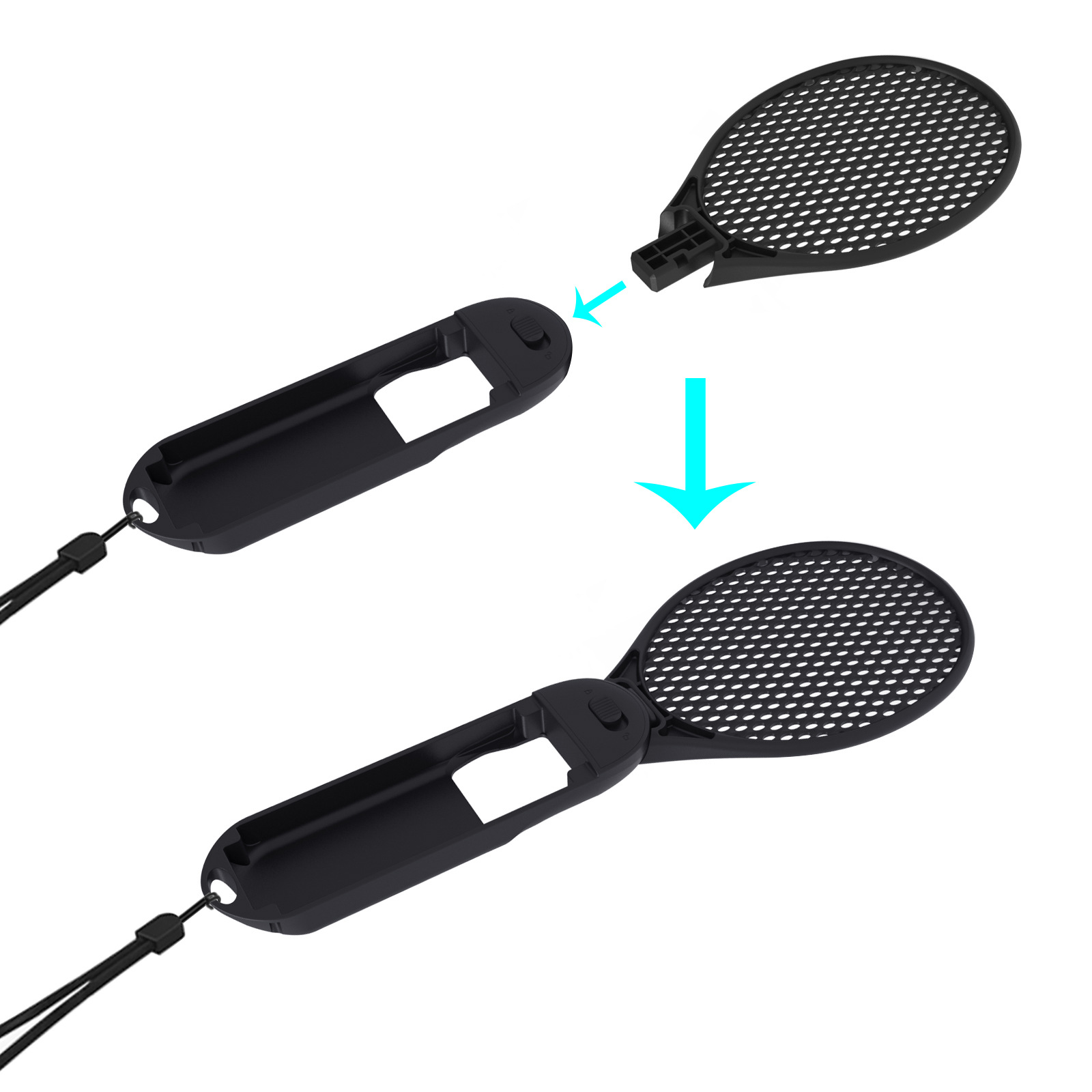 Twee zwarte racketgrepen met een racketkop, montage wordt getoond.