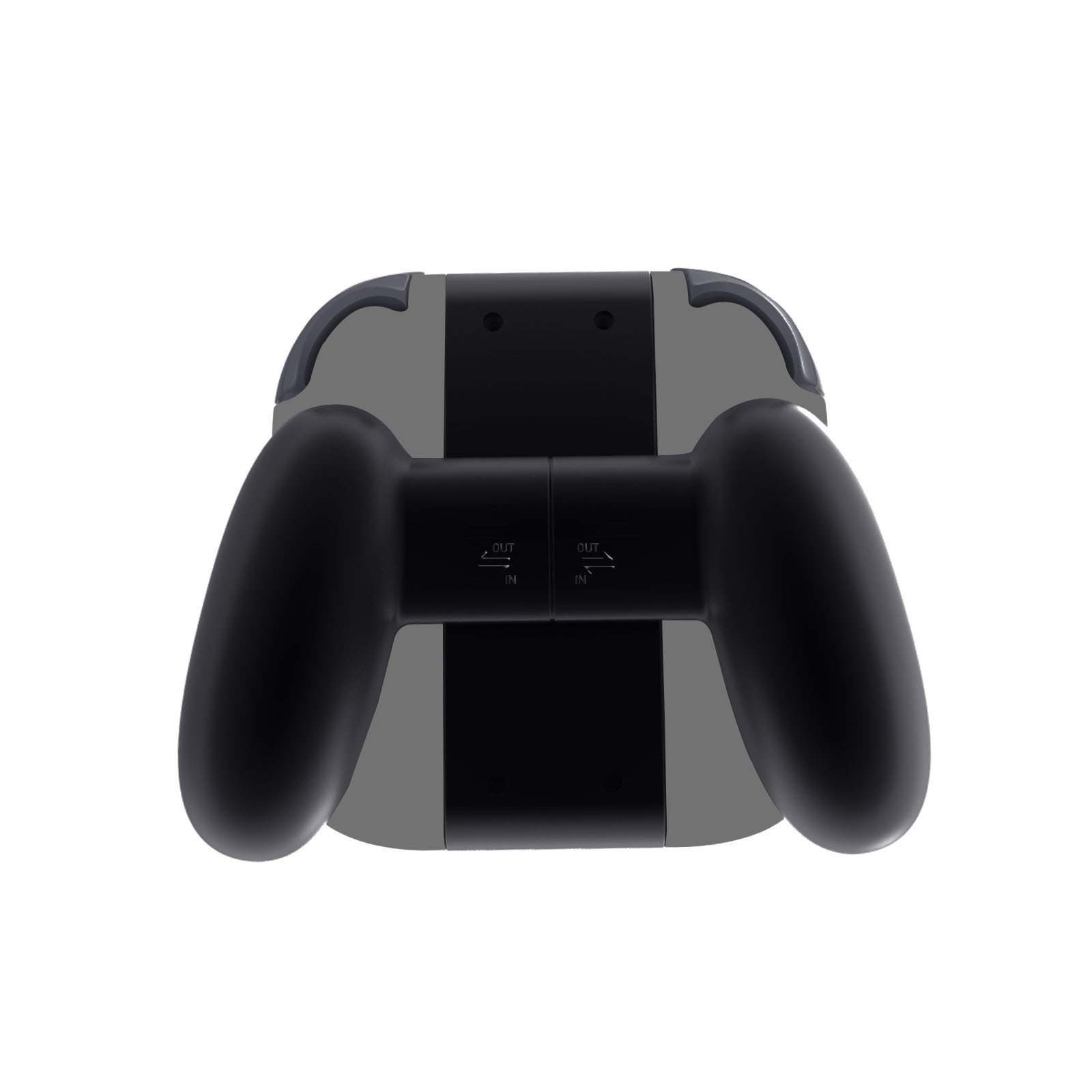 De achterkant van een gamecontroller-handvat, zwart en grijs, met de woorden 'out' en 'in'.