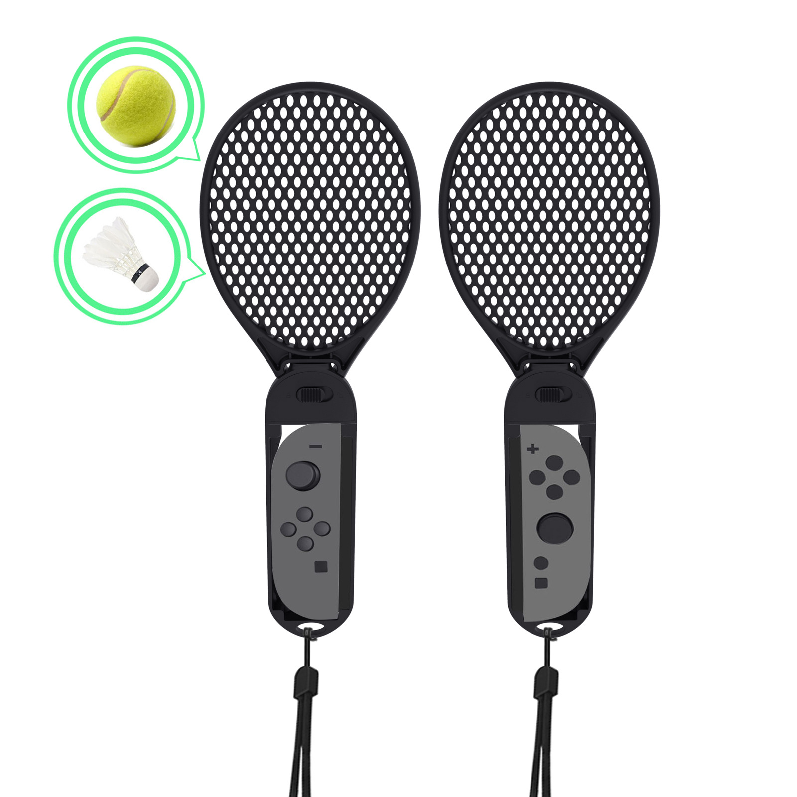 Twee zwarte controllers, elk met een tennisracket en een shuttlecock-icoon, met knoppen.