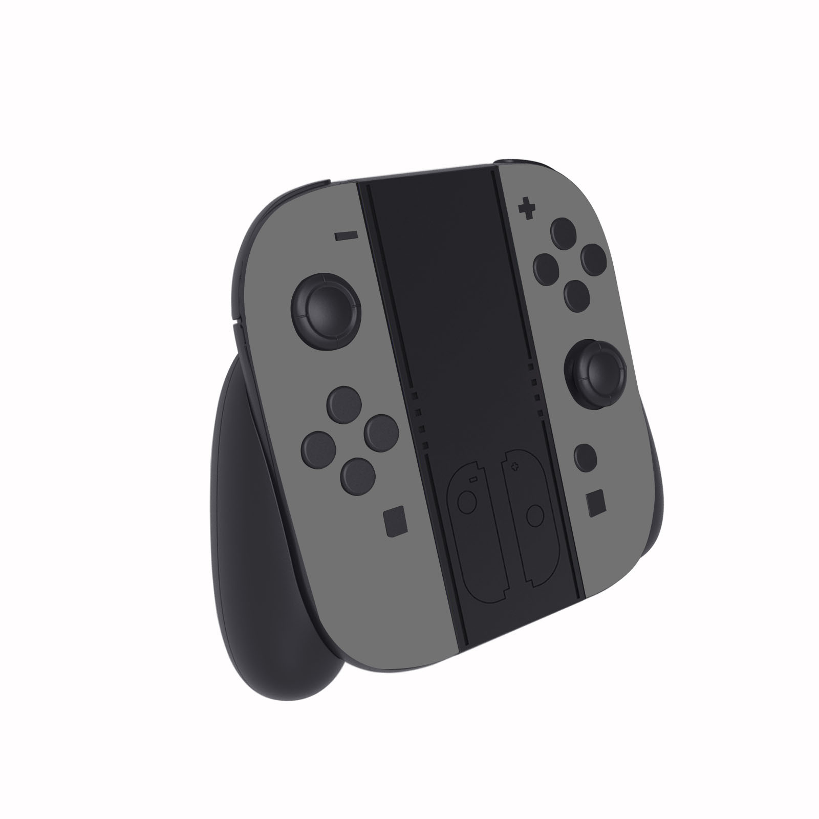 Een grijze en zwarte gamecontroller, schuin, met knoppen en joysticks zichtbaar.