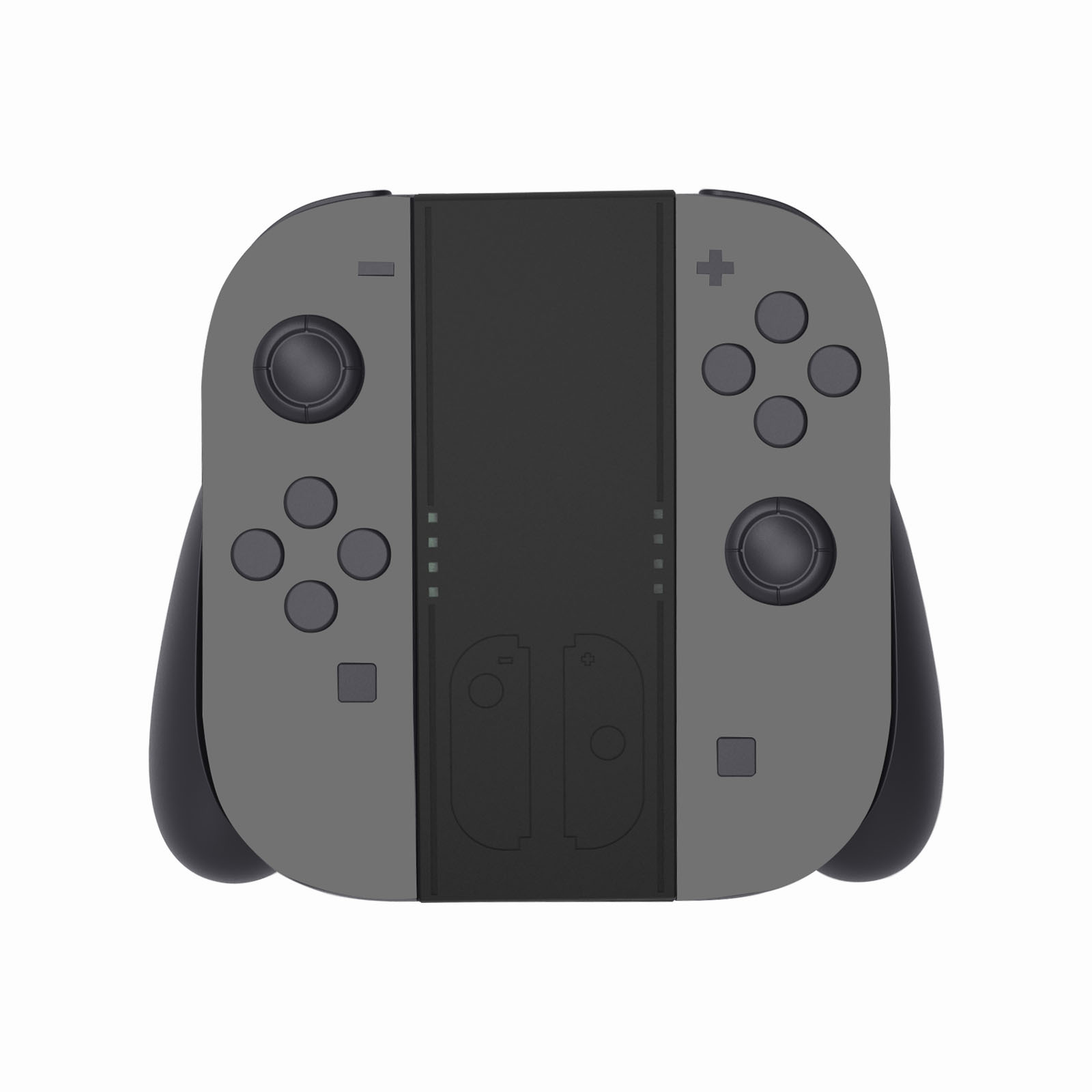 Een set grijze gamecontrollers bevestigd aan een zwart apparaat, met knoppen en joysticks.