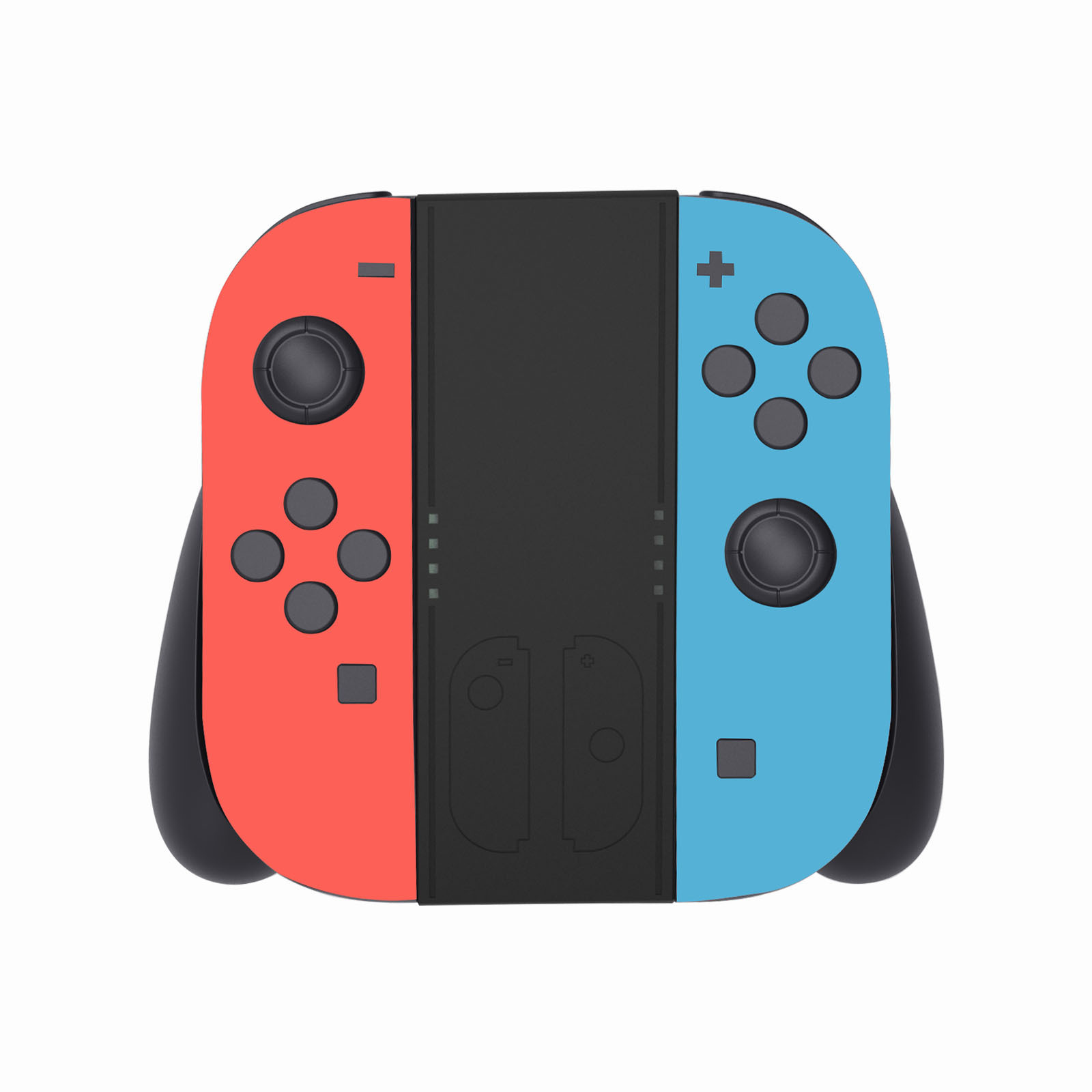 Een set rode en blauwe gamecontrollers bevestigd aan een zwart apparaat, met knoppen en joysticks.