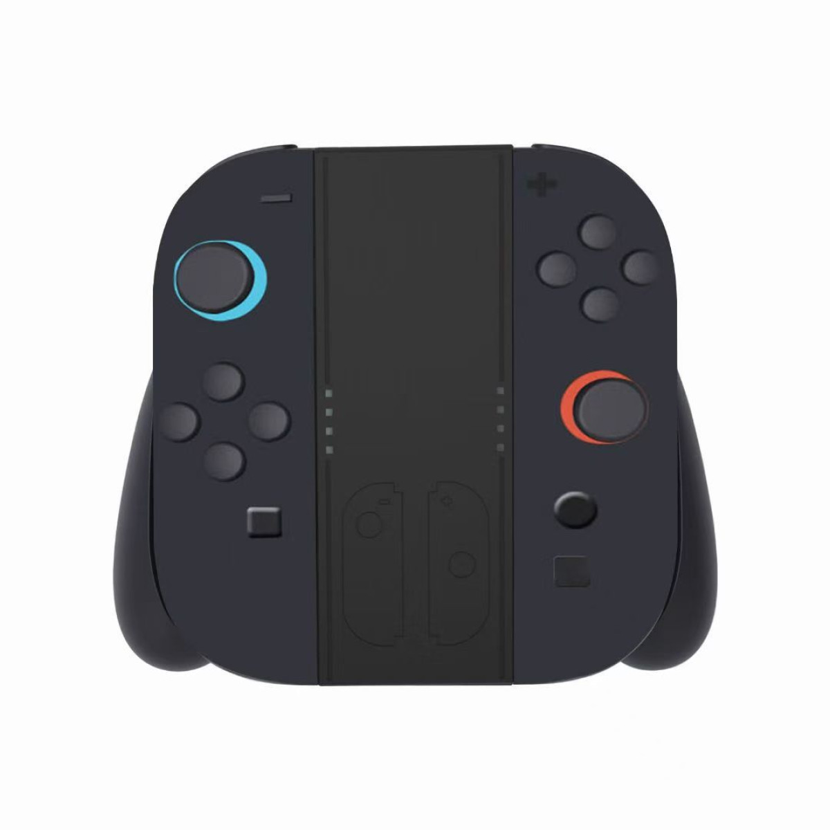 Een zwarte gamecontroller met blauwe en oranje joysticks en knoppen, op een witte achtergrond.