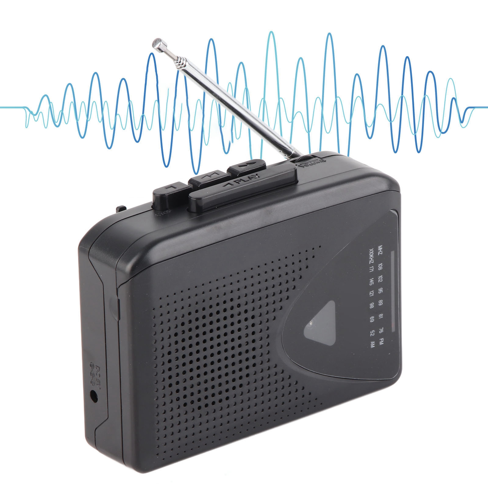 Ein schwarzes Radio mit Antenne und blauem Wellendesign. Das Radio hat Knöpfe und einen Lautsprecher.