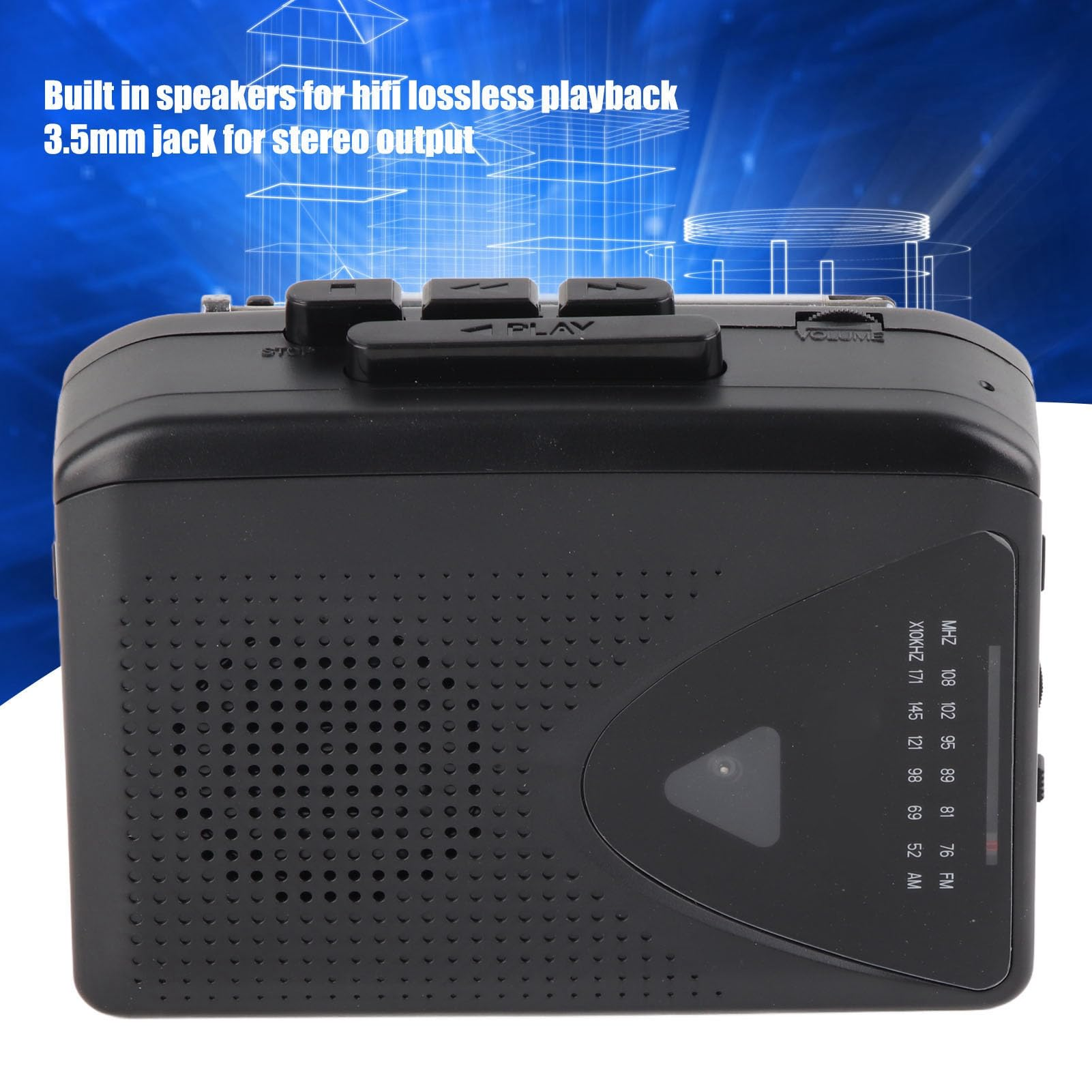 Ein schwarzes Radio mit Text und Knöpfen. Der Text besagt, dass es eingebaute Lautsprecher hat. Das Radio hat ein Frequenzrad.
