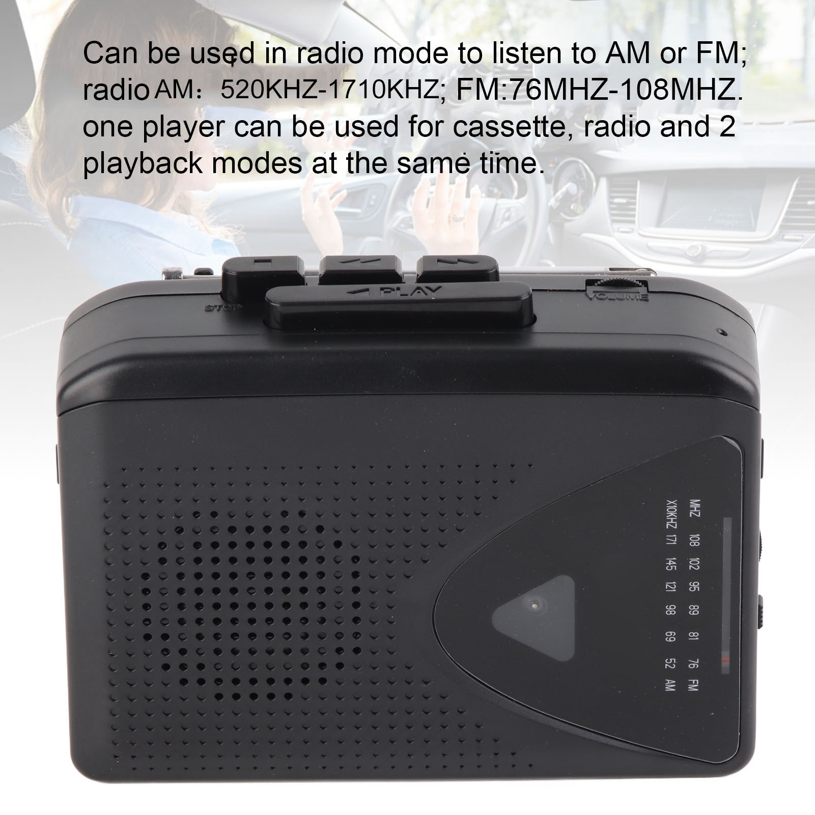 Schwarzer Kassettenrekorder mit Funktionen. Text: Radio AM: 520KHZ-1710KHZ; FM:76MHZ-108MHZ. Ein Player für Kassette, Radio.