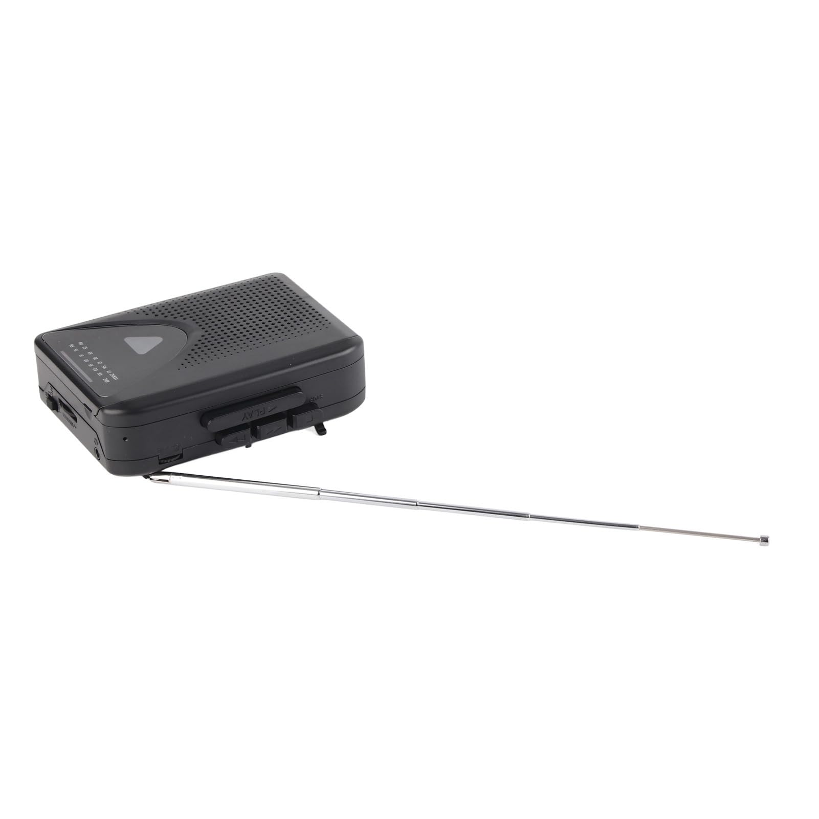 Ein schwarzer Kassettenrekorder mit ausgefahrener Antenne, auf weißem Hintergrund.