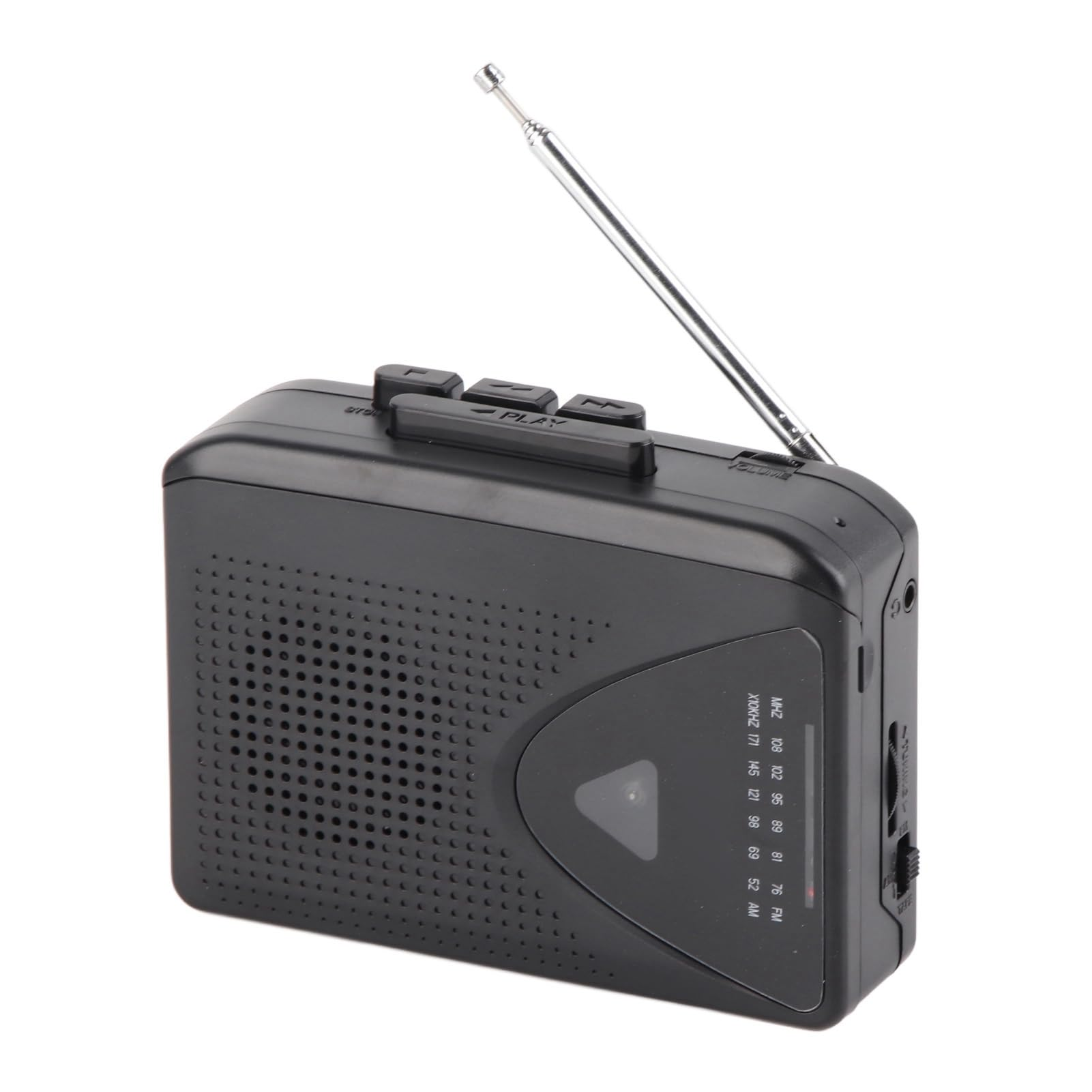 Ein schwarzes Radio mit Knöpfen, Lautsprecher und Antenne. Das Radio hat ein Frequenzrad.