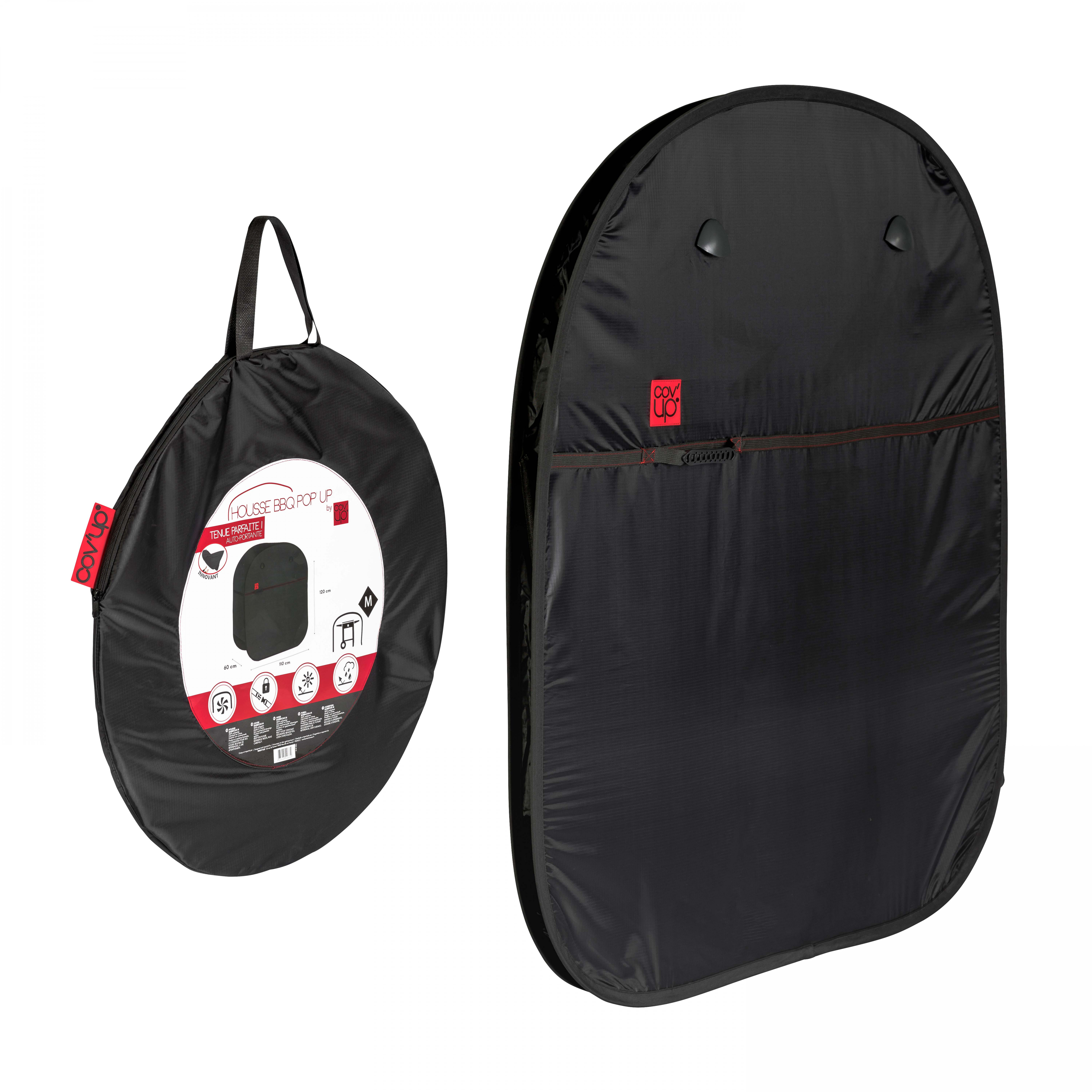 Schwarze Reisetasche, gefaltet und offen, mit rotem Logo, für ein Pop-up-Haus.